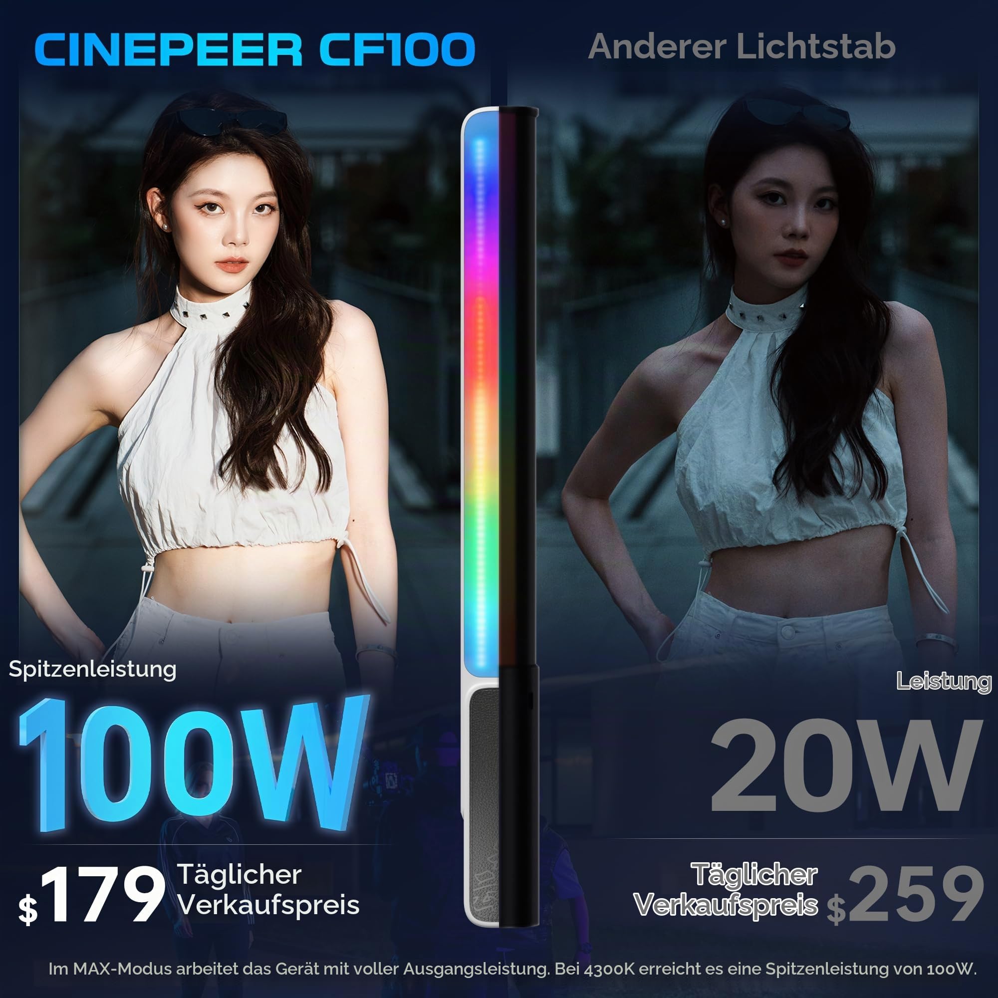 ZHIYUN CINEPEER CF100 [Offiziell] 100W RGB Lichtstab, Tragbar Videolicht Stick mit 2700K-6500K CRI 96+ TLCI 98+, Videoleuchte mit 6 Lichteffekten Kontinuierliche Ausgangsbeleuchtung Fotografie für YT