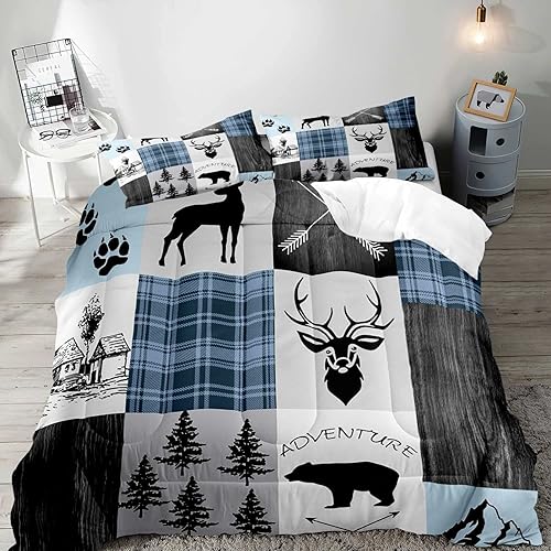 Miniatura 8 de LUVIVIHOME Juego de edredón de 3 piezas con diseño de ciervos y oso, tamaño Queen, alce, bosque, animales, vida silvestre, caza, campo, cabaña, casa