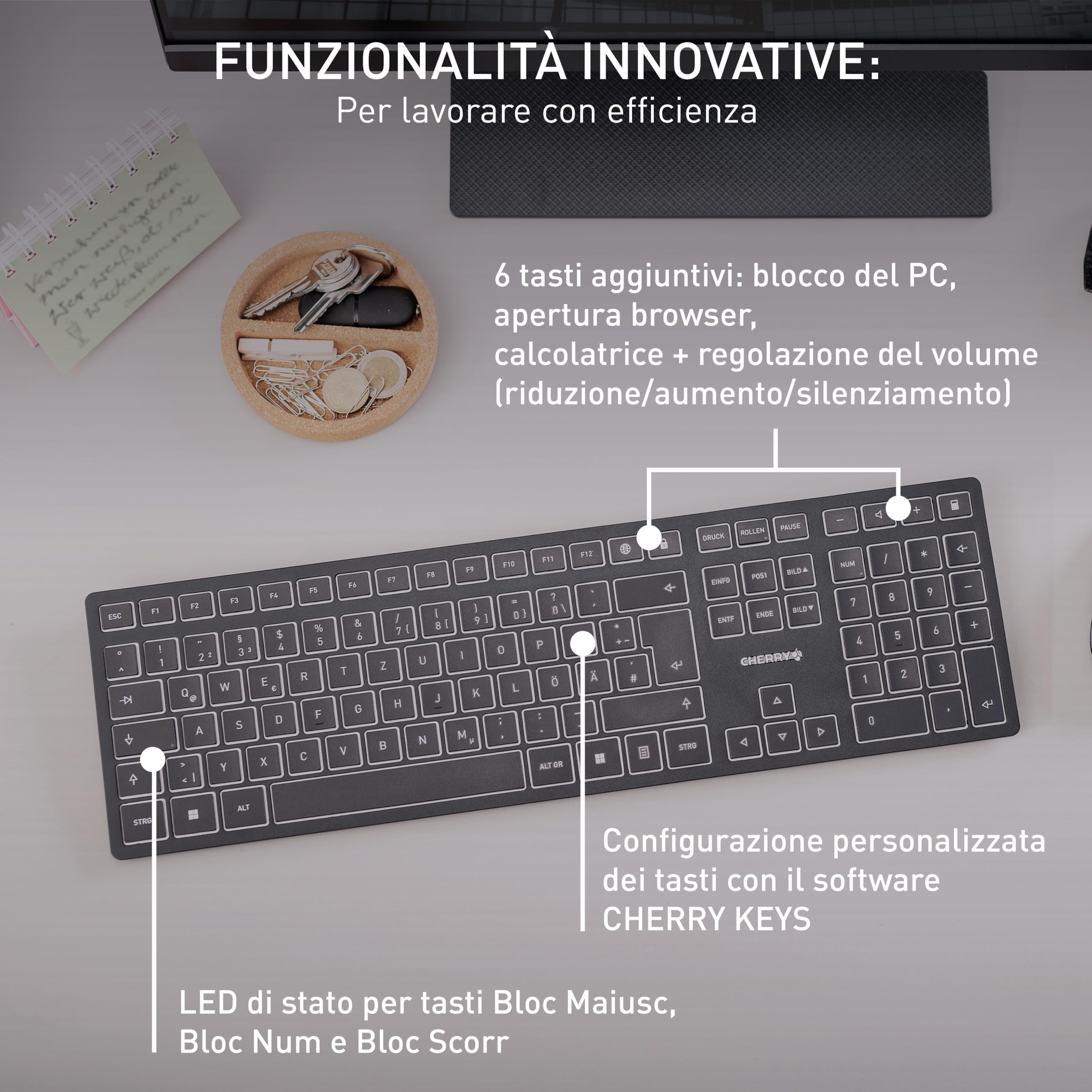 CHERRY KW 9100 SLIM, Tastiera di design Senza Fili, per l'Unione Europea QWERTY, A scelta Connessione Bluetooth o Wireless 2,4 GHz, Tasti Piatti, Ricaricabile, Nero-Grigio, Windows