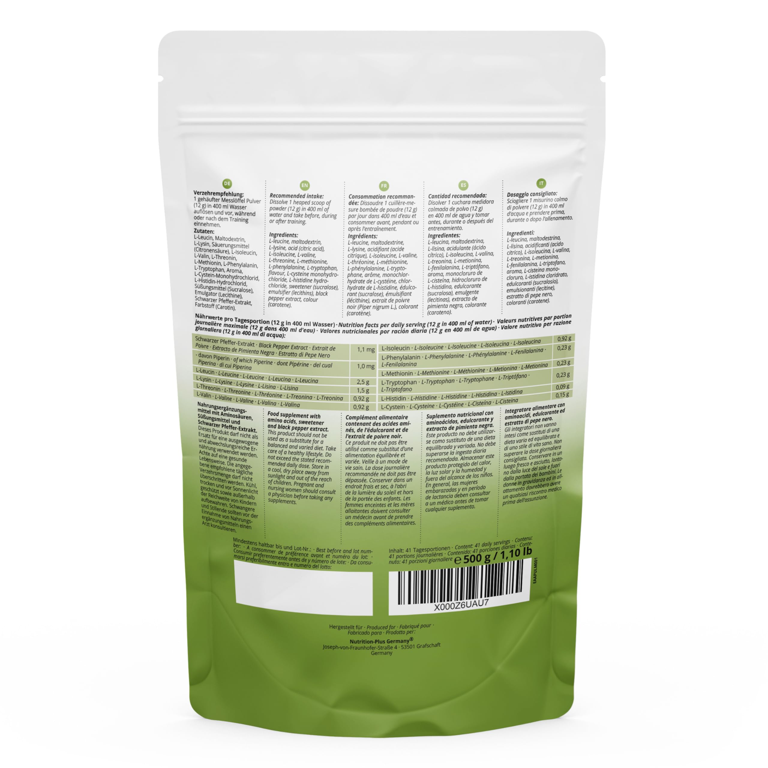 Nutri + EAA Vegani in Polvere Aminoacidi essenziali 500 g Plant based – Fermentazione vegetale – ideali pre intra post Workout - Mango & Passion Fruit