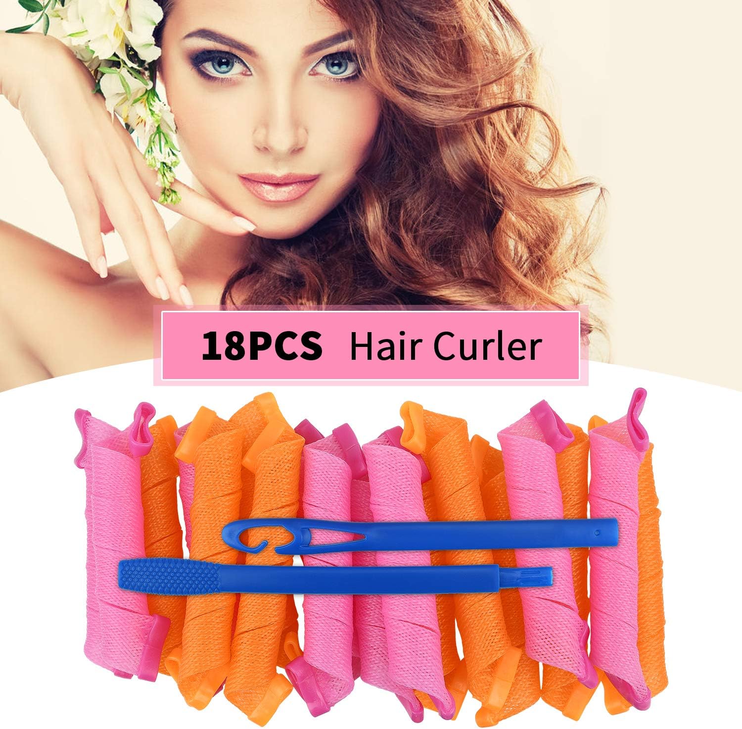 Lampelc No Heat Spiral Curls Magic Hair Rollers Styling Kit - 18pcs (Pink & Yellow) - Small/Medium (Pack of 18) - Silk Material - Ideal for All Hair Types - Creates Defined, Smooth Curls Every Time