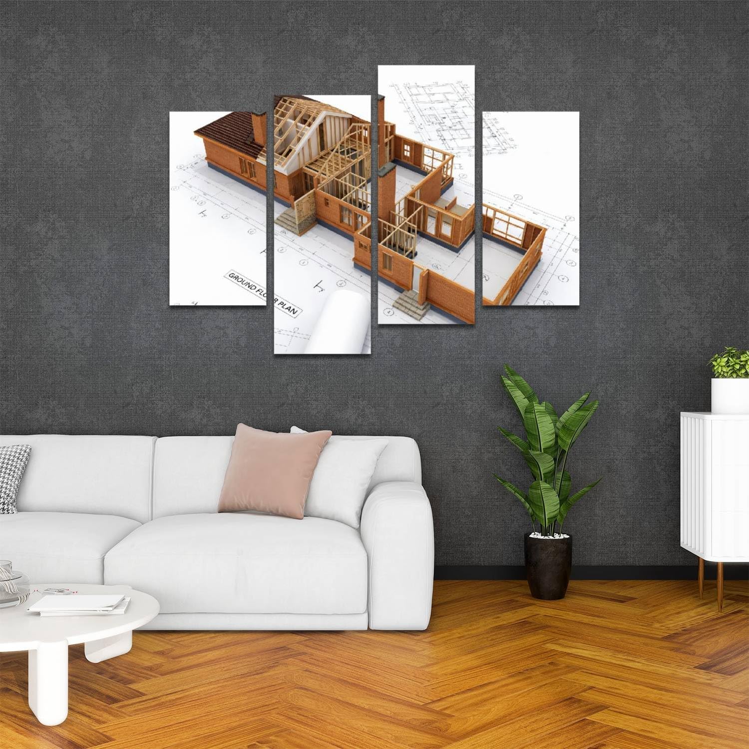 Generic Building Under Construction Blueprints Isolated White Canvas Prints Wall Decor 4 Pieces Contemporary Framed Artworks for Living Room Bedroom Bathroom Office Home Decoration Gifts