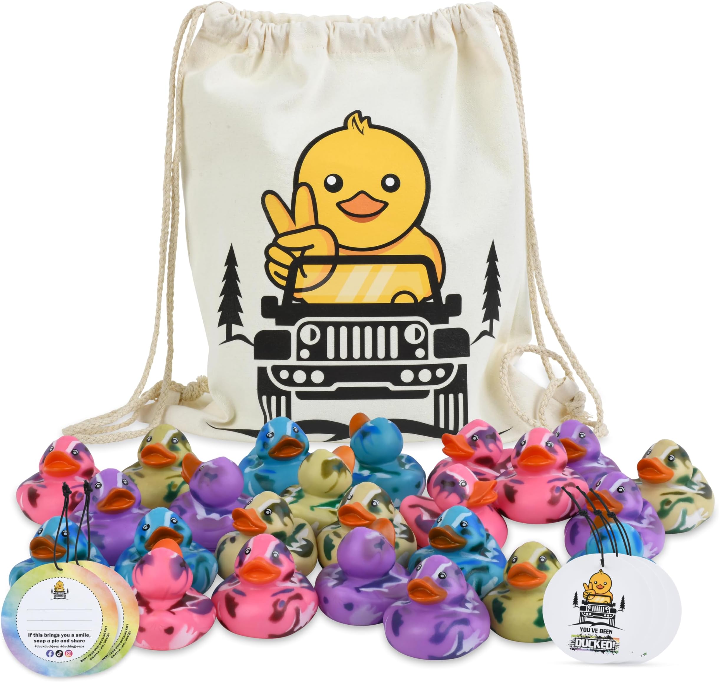 SUV Ducking Kit - 24 Rubber Ducks with Large Cottton Canvas Drawstring Backpack and Customizable Tags (Camo Ducks)