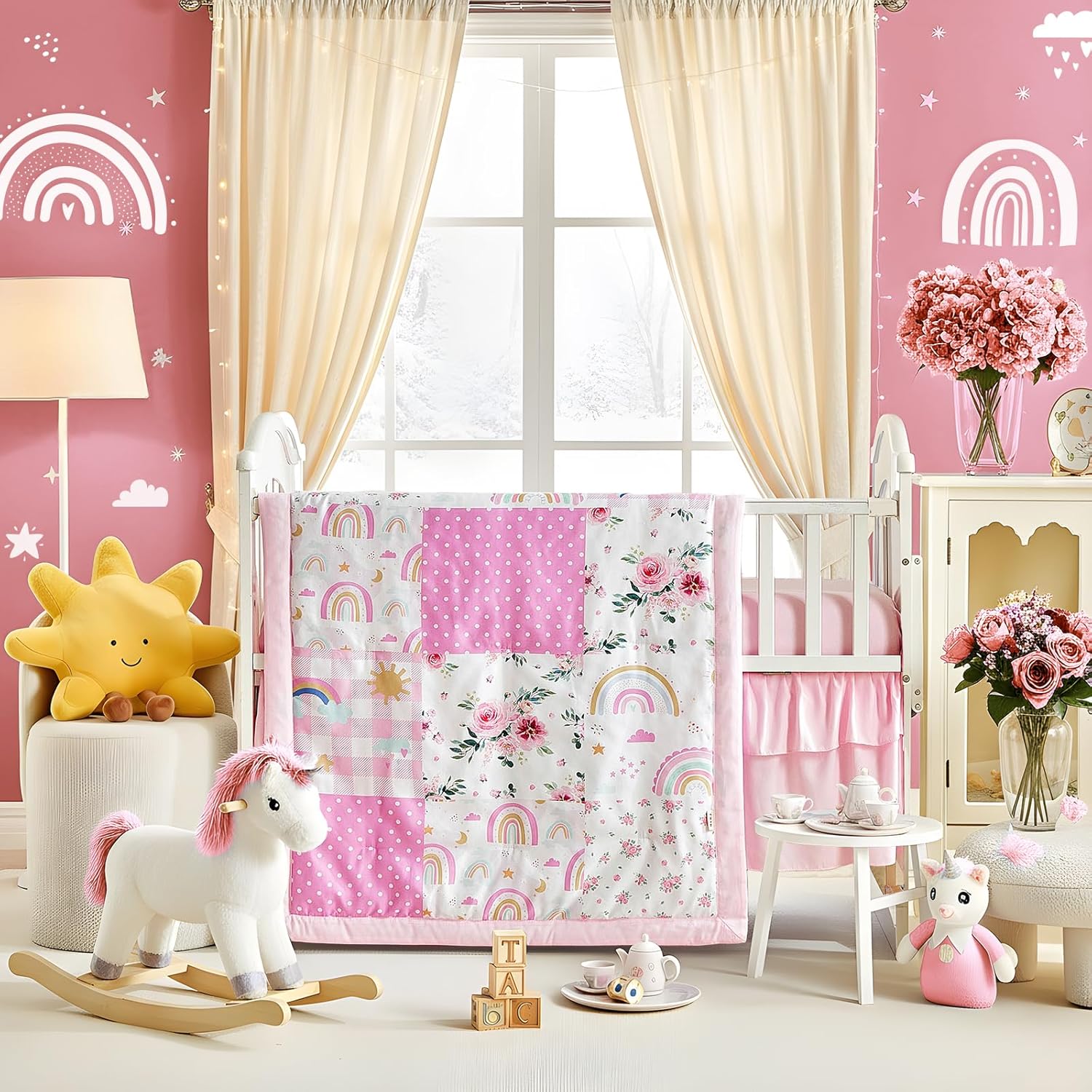 Patchwork Crib Bedding Set Rainbow Plaid Floral Design 3 Pieces Baby Girl Cute Quilted Comforter with Fitted Sheet and Bed Skirt - Pink Flower Green Leaes Colorful Rainbow Dots Style Crib Bed Set