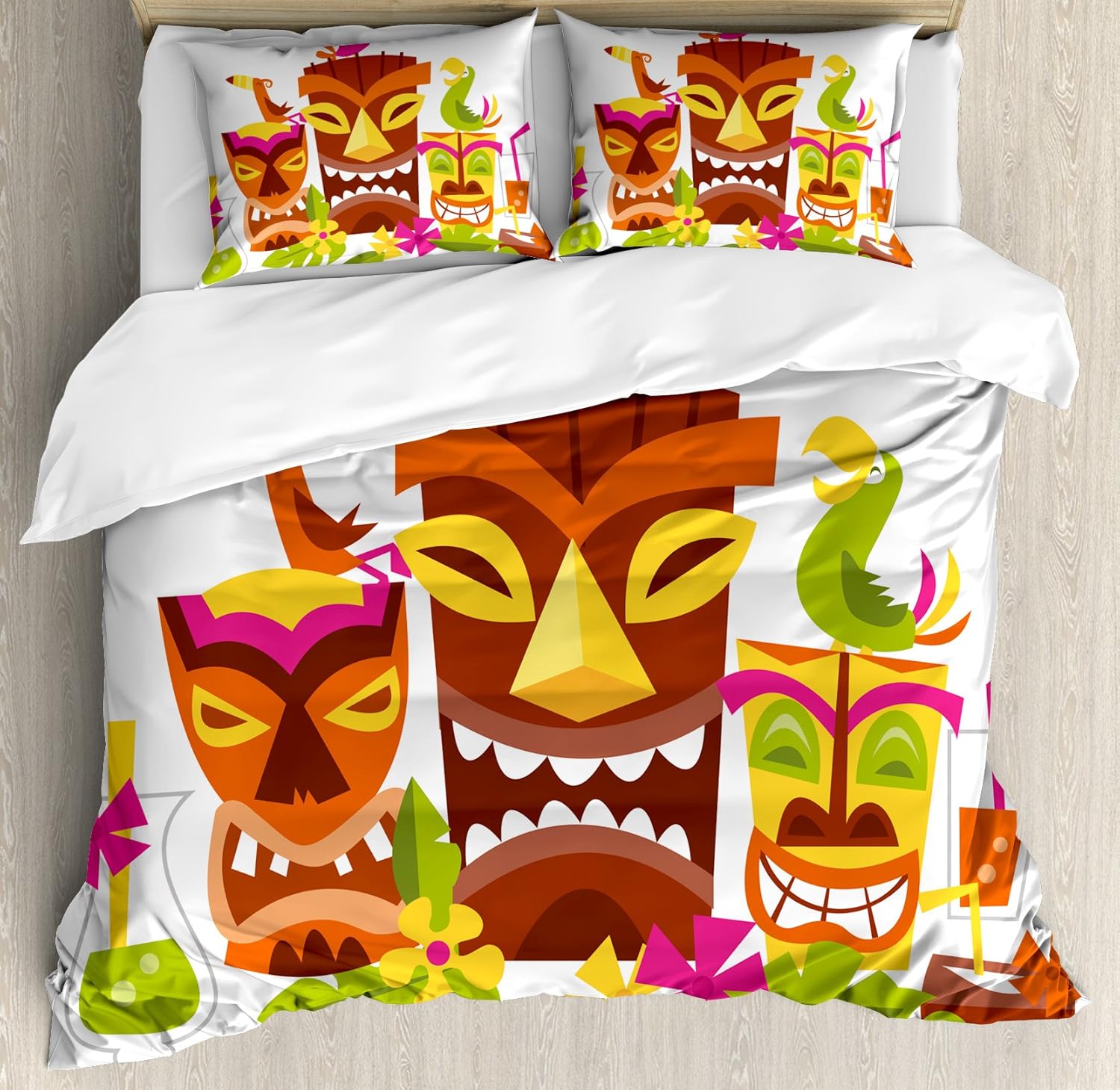 Ambesonne Luau Duvet Cover Set, 3 Grimacing Tiki Party Surrounded by Leaves Drinks and Happy Toucan Birds, Decorative 3 Piece Bedding Set with 2 Pillow Shams, Queen Size, Brown Yellow
