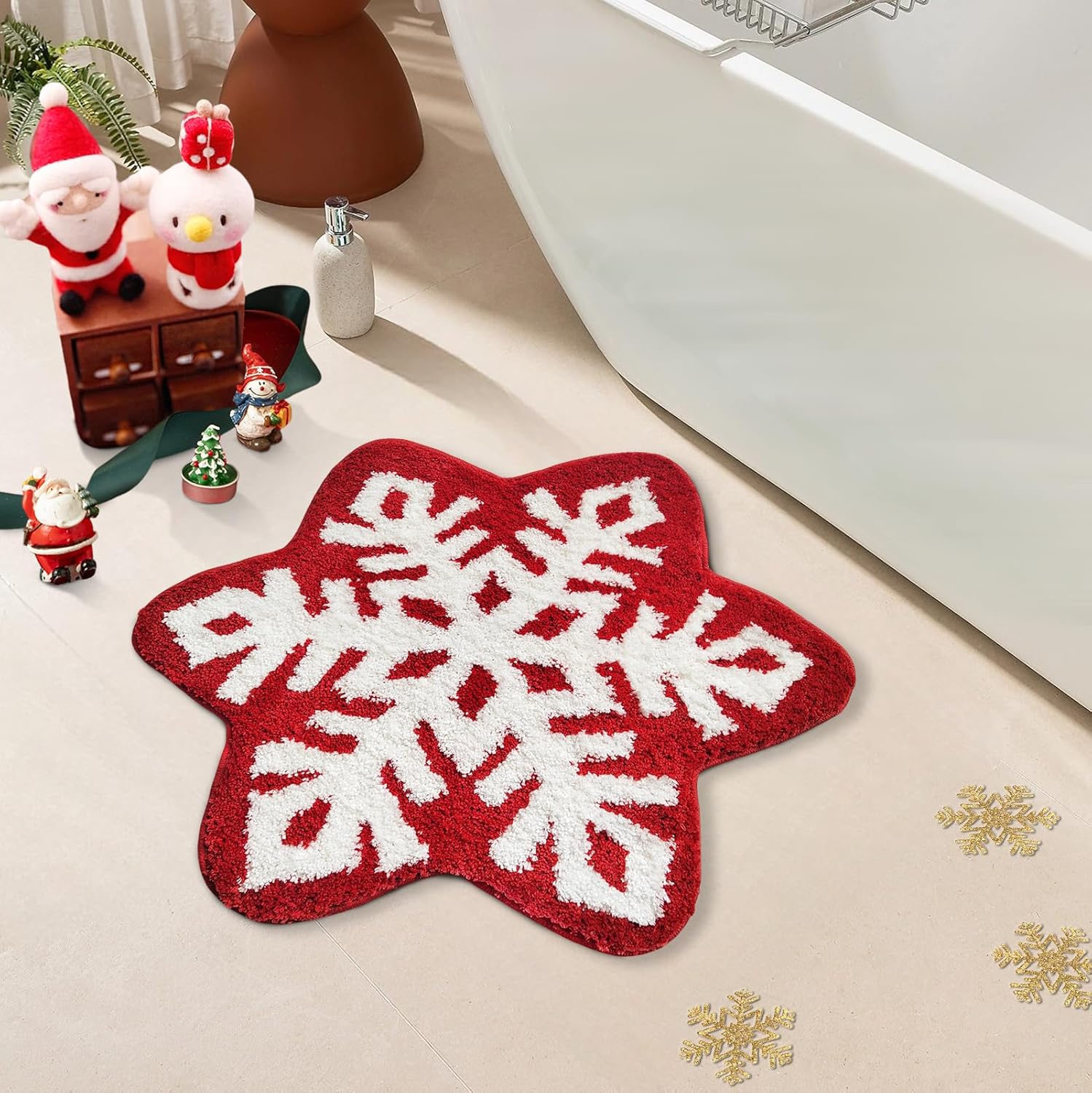 Christmas Red Snowflake Bathroom Rug,Cute Snow Shaped Bath Mat Non Slip Washable Area Rugs Holiday Decorative for Bathroom, Living, Bedroom, Kitchen, Children's Room, 23.62x23.62 inches