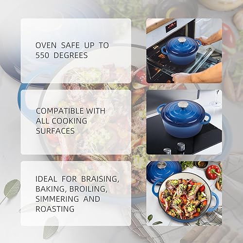Miniatura 3 de Horno holandés de hierro fundido esmaltado de 6 cuartos de galón con tapa, asas dobles grandes, apto para horno hasta 500 F, olla redonda clásica