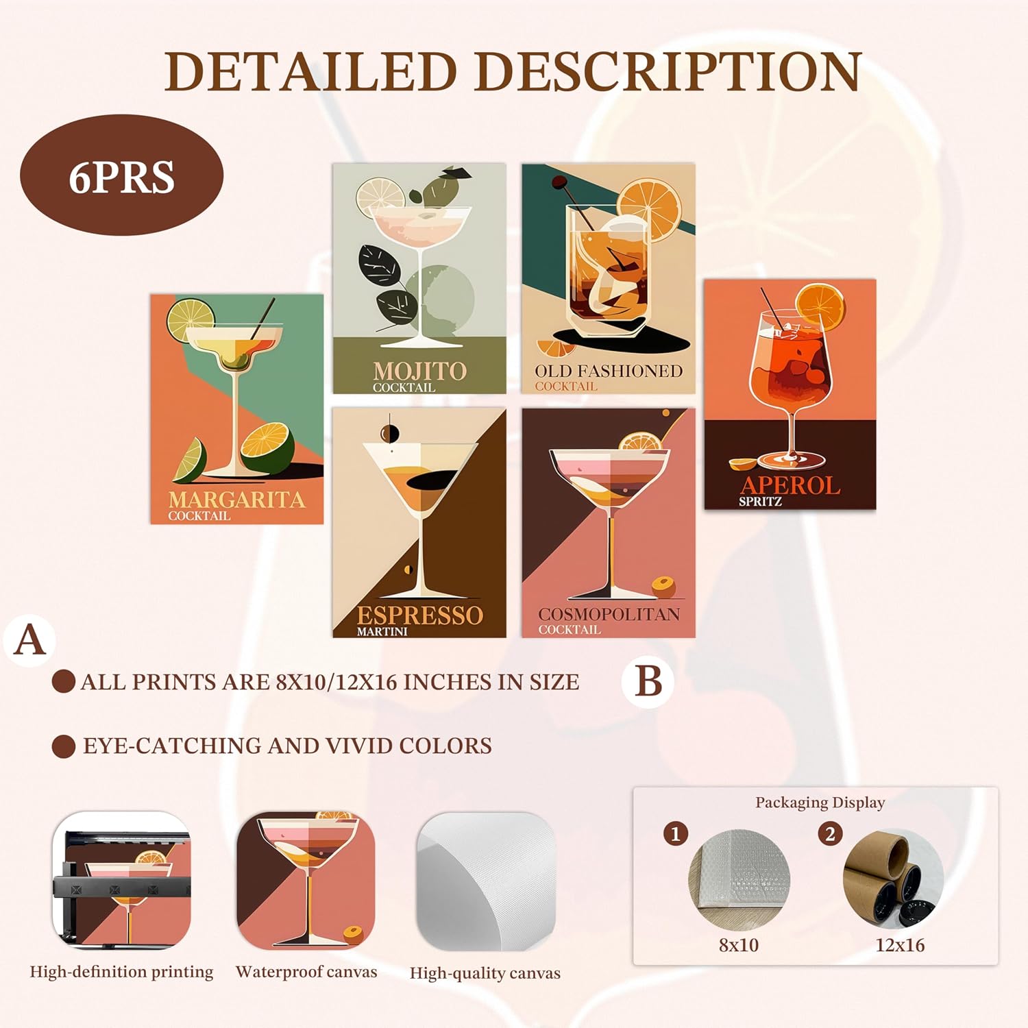 Zeredi Vintage Cocktail Poster Wall Art Set of 6, Colorful Bar Cart Wall Decor Paintings, Funky Preppy Drink Aesthetic Prints Pictures for Bar College Dorm Apartment 8x10 Inch Unframed image 4