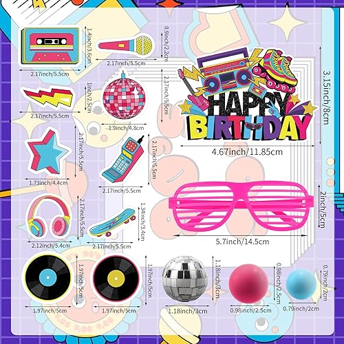 Miniatura 7 de Hooqict 26 piezas de decoraciones de pasteles de los años 80 y 90, decoraciones retro de los años 80 de hip hop con bolas de purpurina para cupcakes