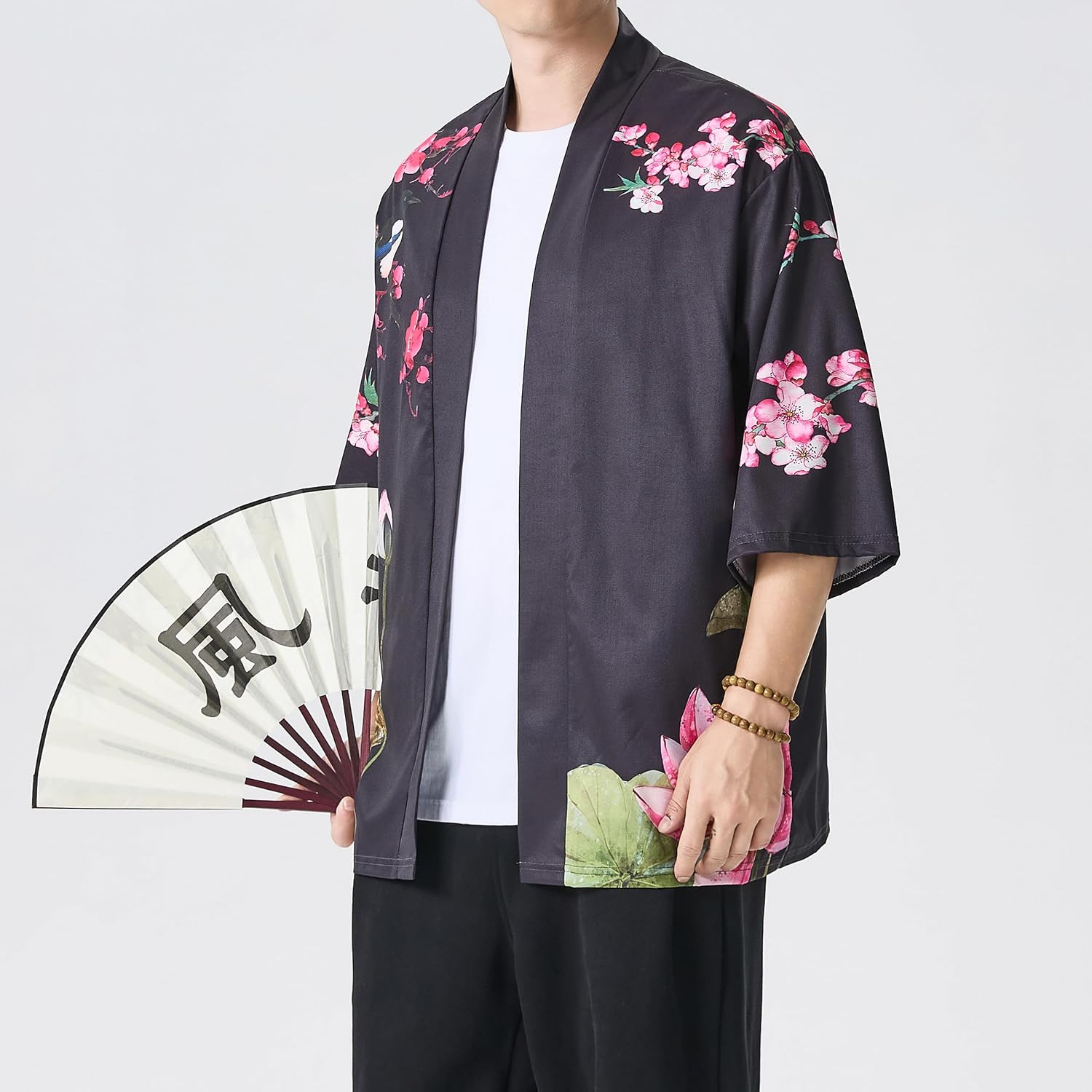PRIJOUHE Men's Lightweight Kimono Jacket Seven Sleeve Open Front Cardigan Coat Japanese Style Bathrobe