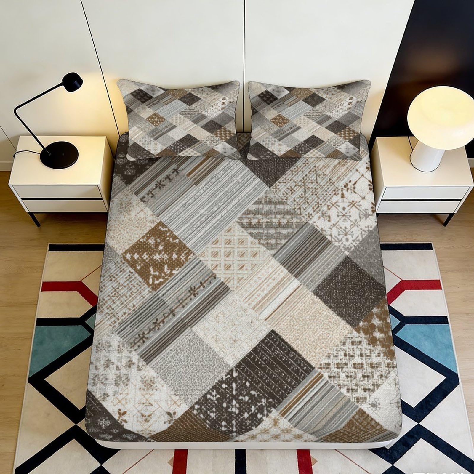 Jqzkxnhpbr Style-5 3D Printed Geometric Patchwork Fitted Sheet Microfiber Soft Brown Beige Bed Sheet For Bedroom Decor Protection 90X200x25cm