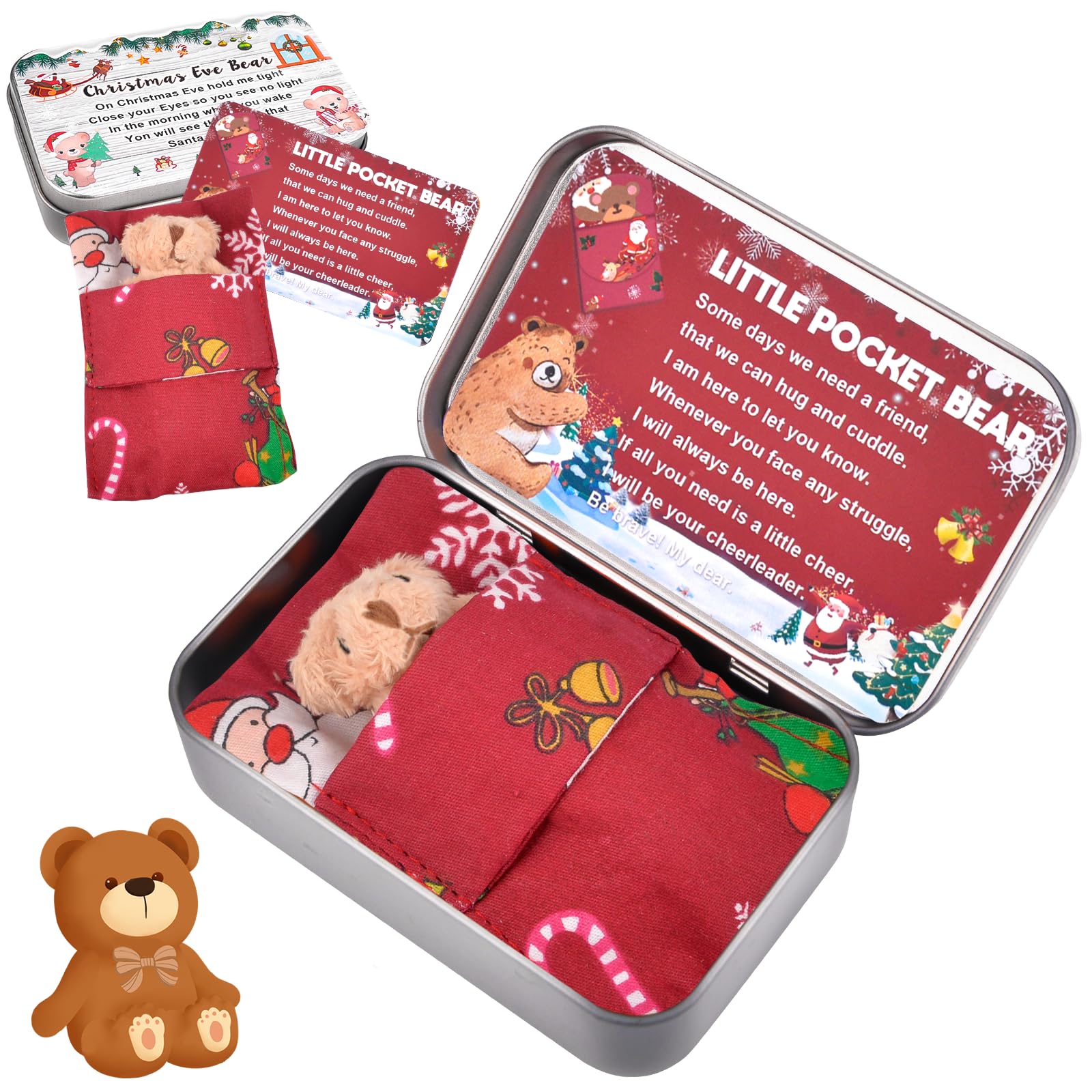 Pipihome Pocket Bear in Tin Box, Christmas TeddyBear Pocket Hug Plush Toys, Pocket Hug in a Box, Stuffed Animal Bear Doll, Pocket Hug Gift, Stocking Fillers Birthday Gifts for Kids Friend Women