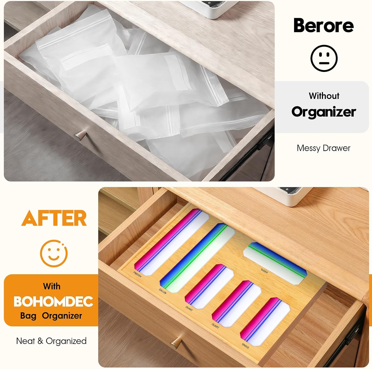Bamboo Ziplock Bag Organizer for Kitchen Drawer & Wall Mount, Food Storage Baggie Holder, Fits Gallon Quart Sandwich Snack Freezer & Slider Bags, No Assembly, 6 in 1,Natural Color image 2