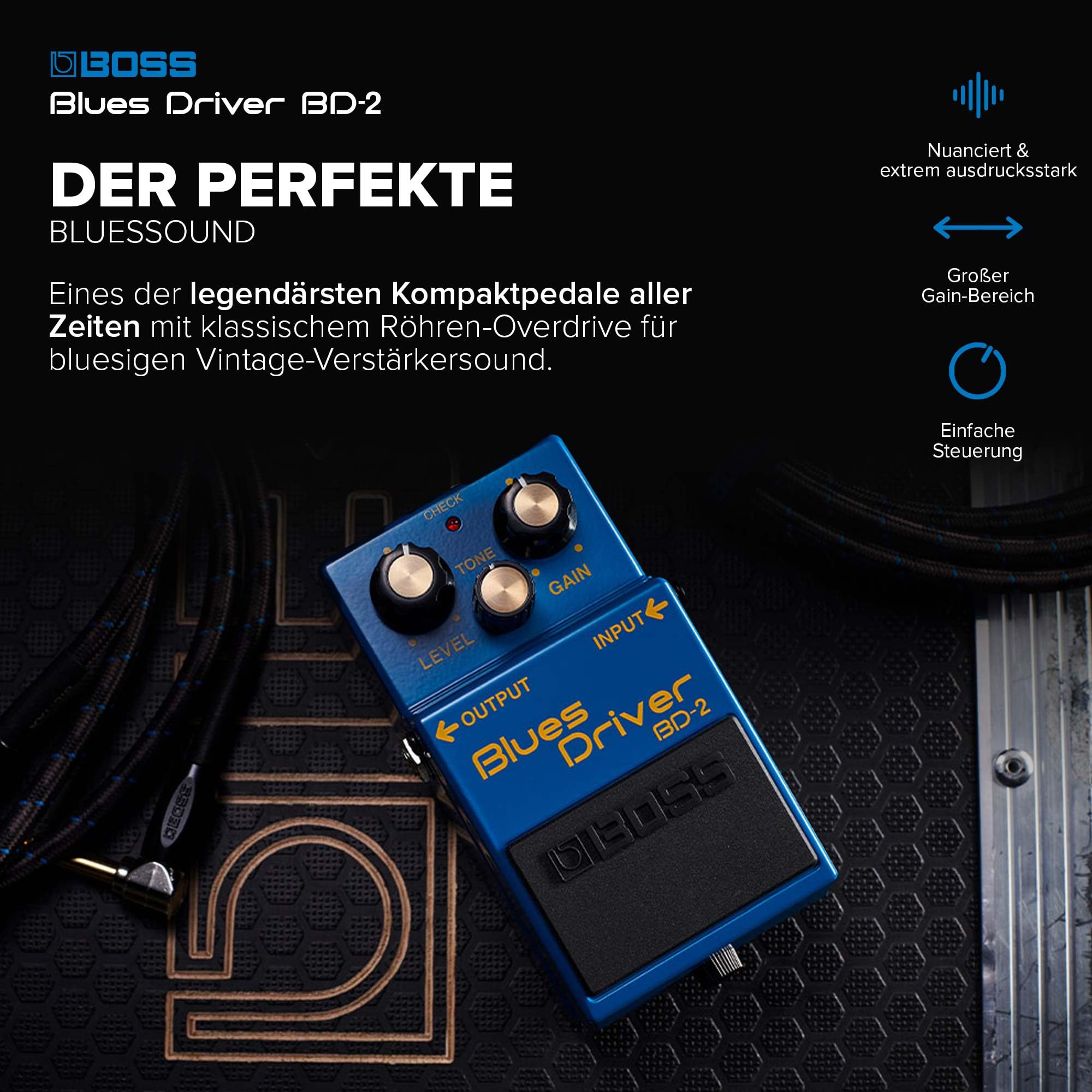 BOSS BD-2 Classic Blues Driver Pedal | Warme, erdige Gitarrensounds mit Tube-Amp-Simulation | Von Crunch bis Zerrung | Warmer Overdrive | Reagiert auf spielerische Nuancen und Lautstärkeänderungen