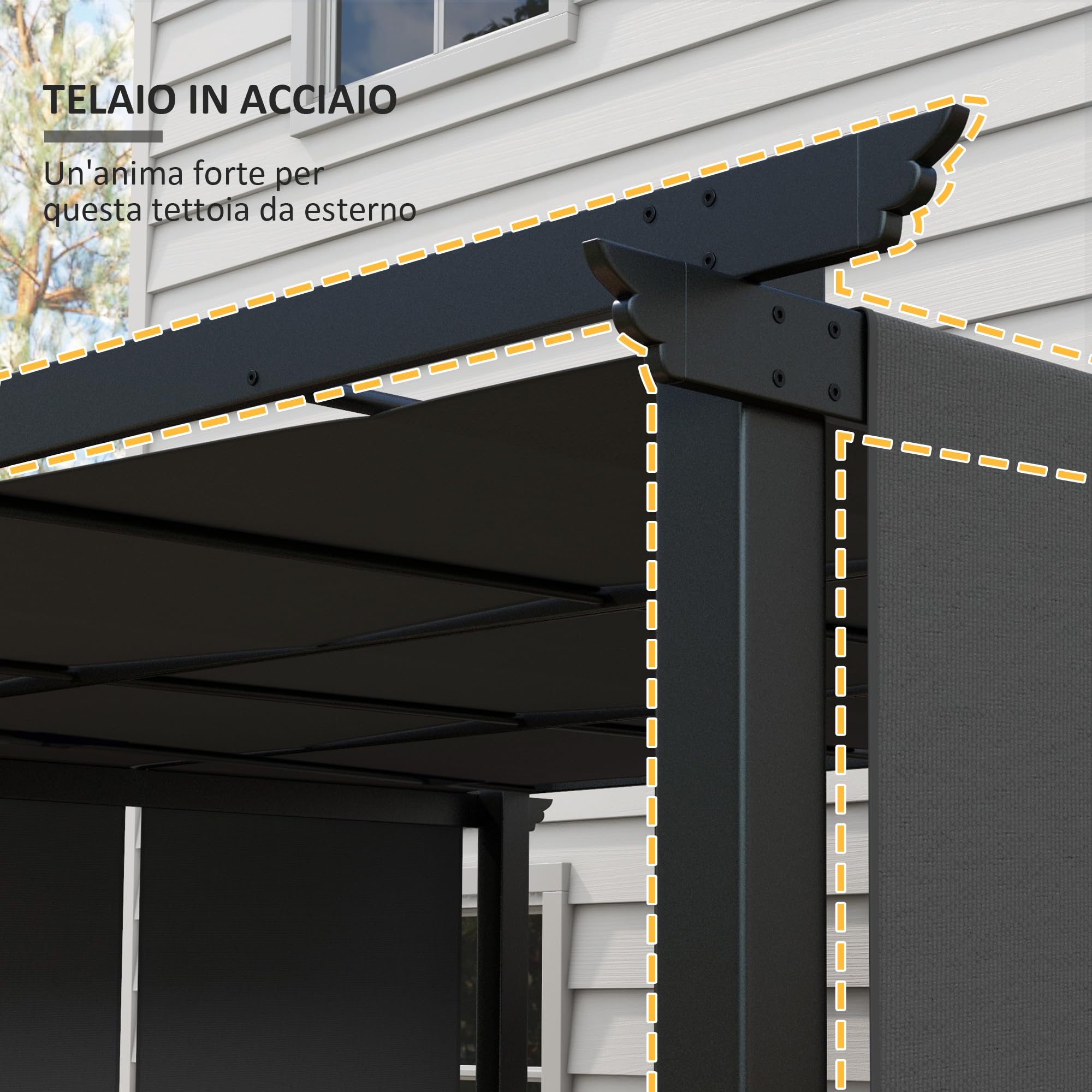 Outsunny Pergola da Giardino 3x3.5 m Acciaio Poliestere Anti UV Grigio Scuro