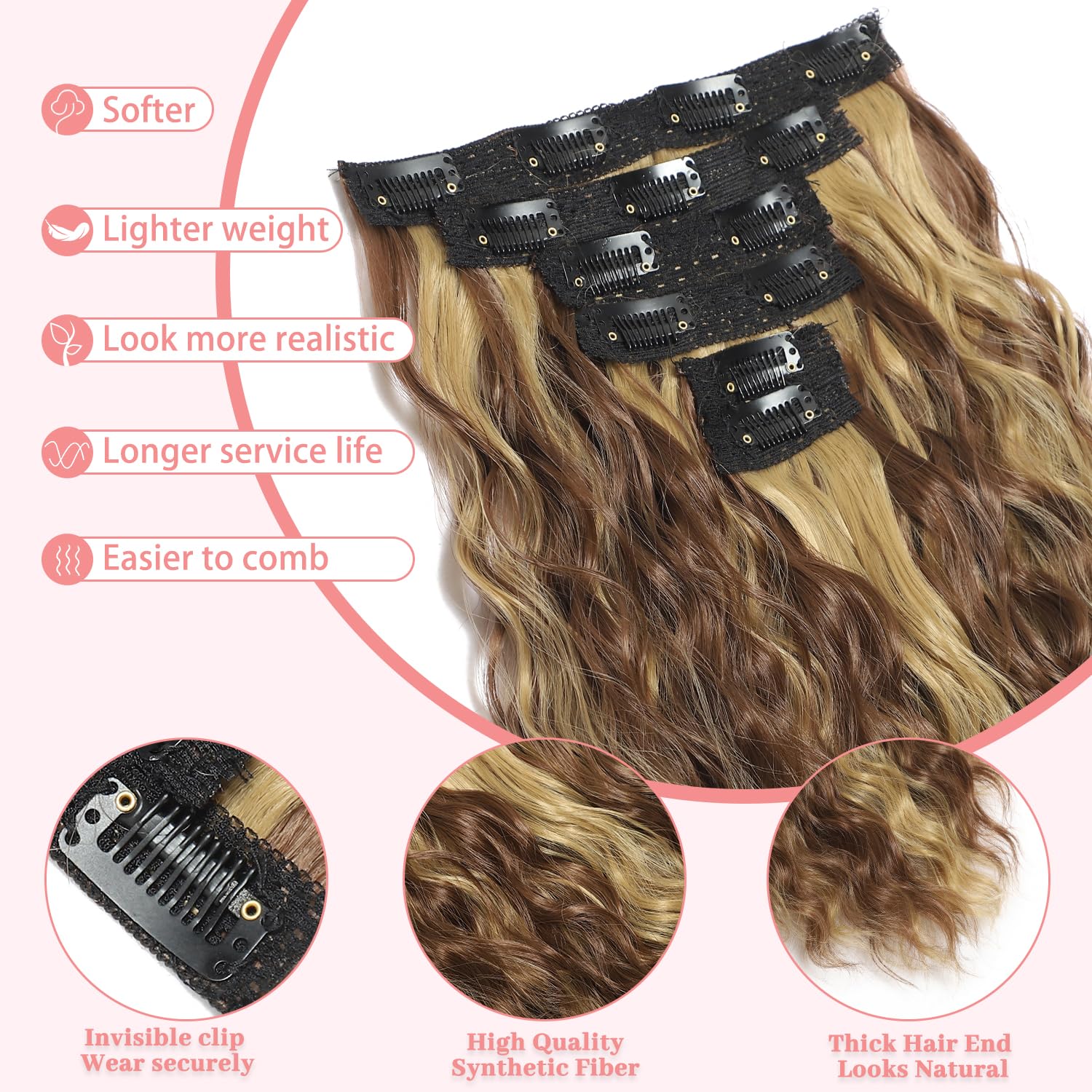 HYJ Curly Clip In Hair Extensions, 12" Short Curly Hair Extensions, Clip Ins, Invisible Lace Weft, Natural Synthesis, Chocolate Brown with Highlights