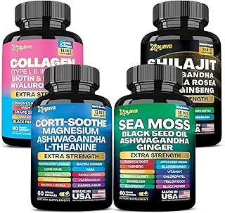 Zoyava Sea Moss 60 Capsules, Shilajit 60 Capsules, Cortisol 60 Capsules, and Collagen 90 Capsules Supplement Bundle
