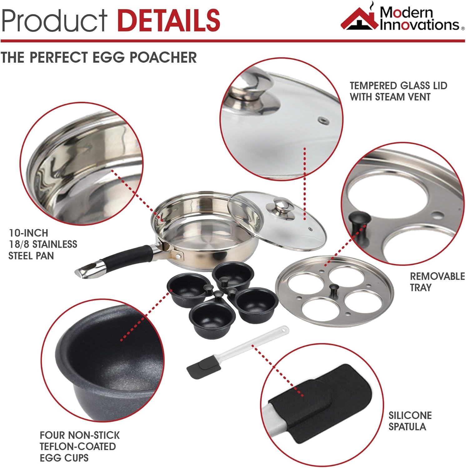 Modern Innovations Egg Poacher Pan for Perfect Poached Eggs, Nonstick Cups Poached Egg Maker Pan, Stainless Steel Easy Egg Cooker, Poaching Eggs Benedict Maker, Silicone Spatula