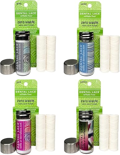 Paquete de 4 contenedores de hilo dental recargables de colores con embalaje reciclable
