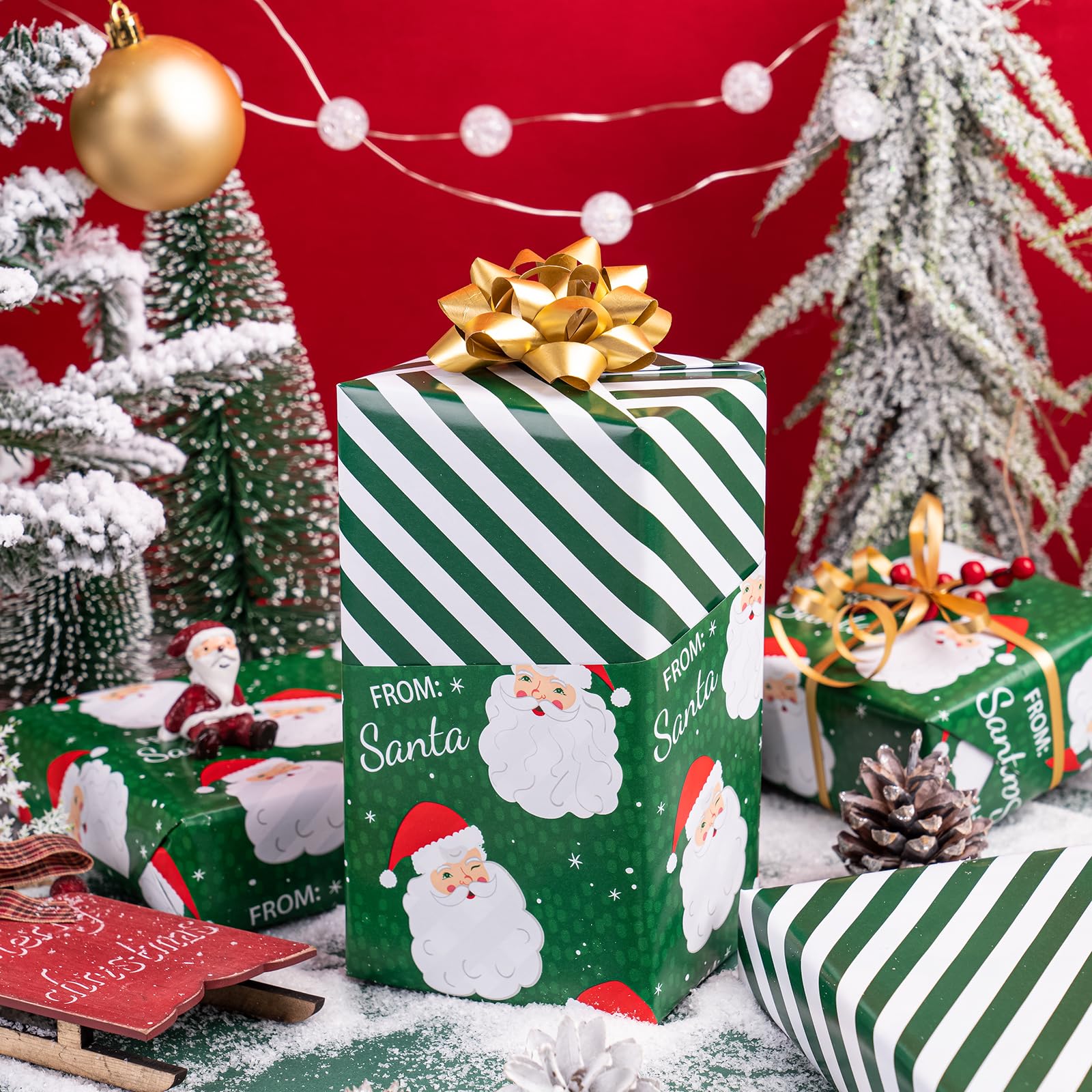 WRAPAHOLIC Wendbares Weihnachts-Geschenkpapier, 76,2 cm x 30 m, Jumbo-Rolle, grüner Weihnachtsmann und Streifen-Design