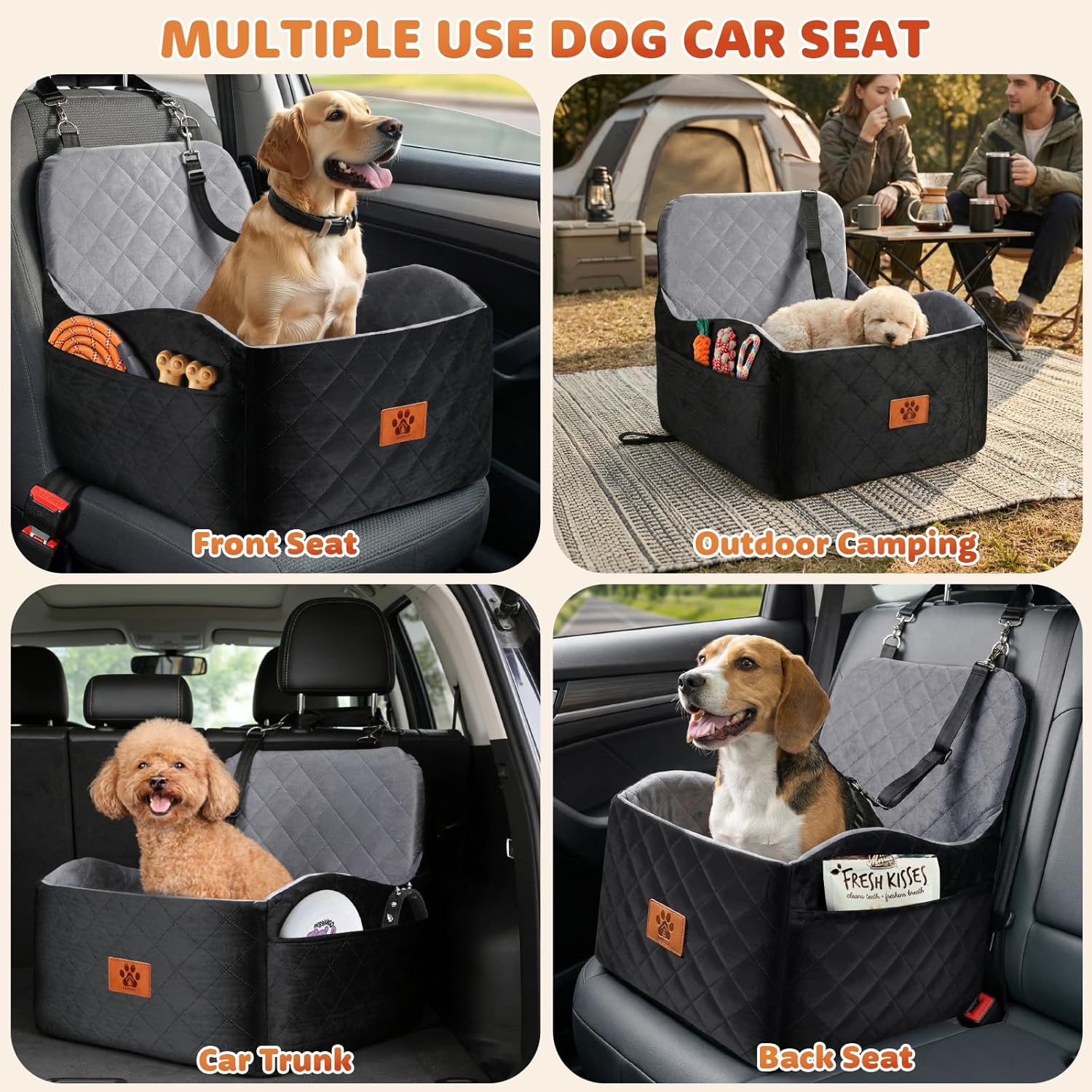 Dog Car Seat for Small Medium Dogs, Dog Booster Seat with Thick Comfort Foam for Pets Up to 35 lbs, Washable & Detachable Pet Cars Seat with Safety Tether, Storage Pockets, Universal Car Seatbelt Clip