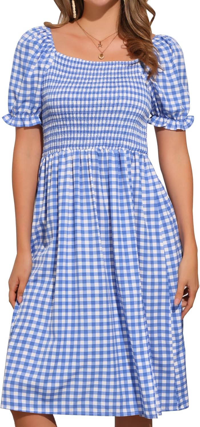 Allegra K Gingham Dress for Women Smocked Square Neck Puff Short Sleeve Side Slit Knee Length Summer Casual Plaid Dresses