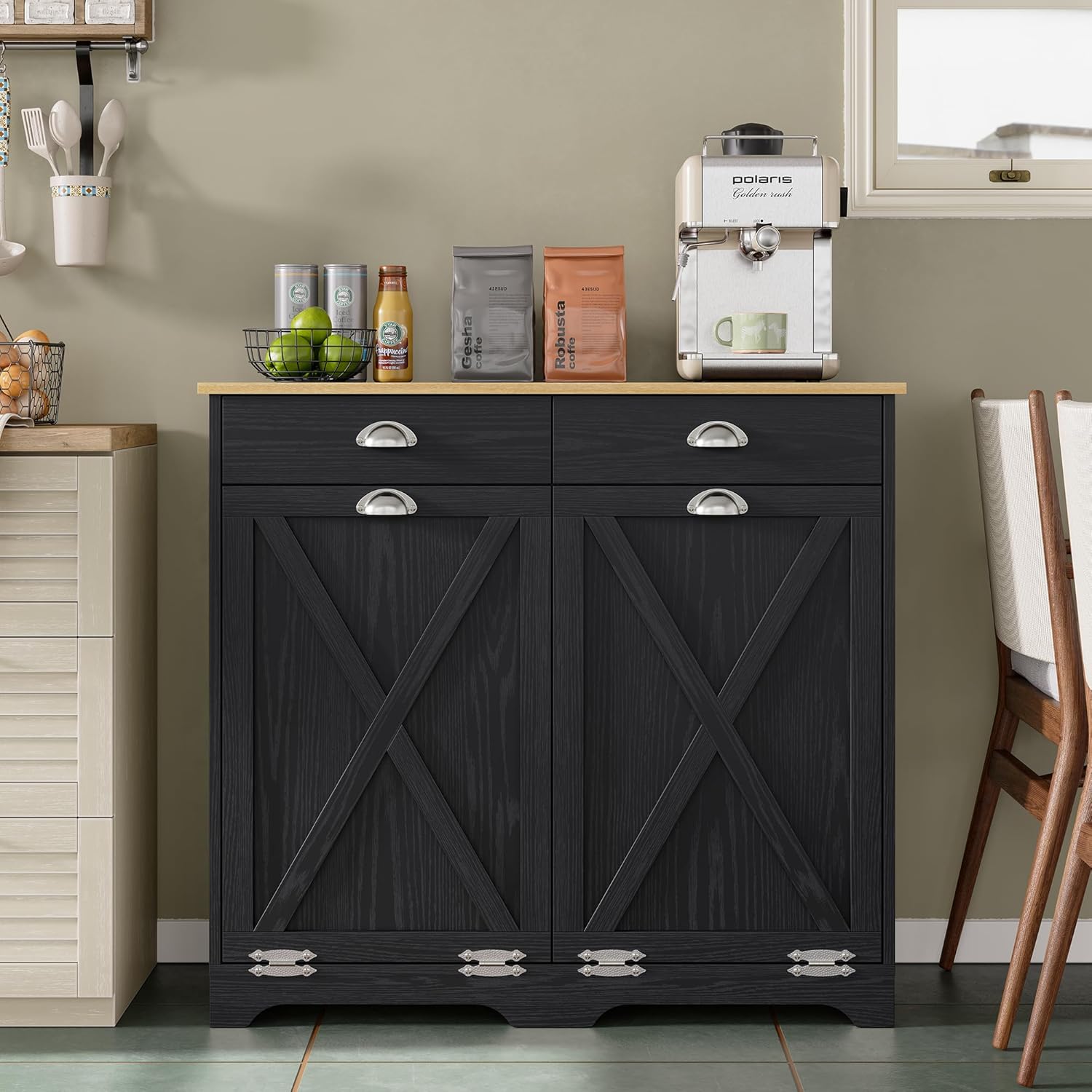 Furniouse Double Tilt Out Trash Can Cabinet with Barn Doors & 2 Drawers, Wood Farmhouse 2x10 Gallon Trash Bin Cabinet for Kitchen, Black