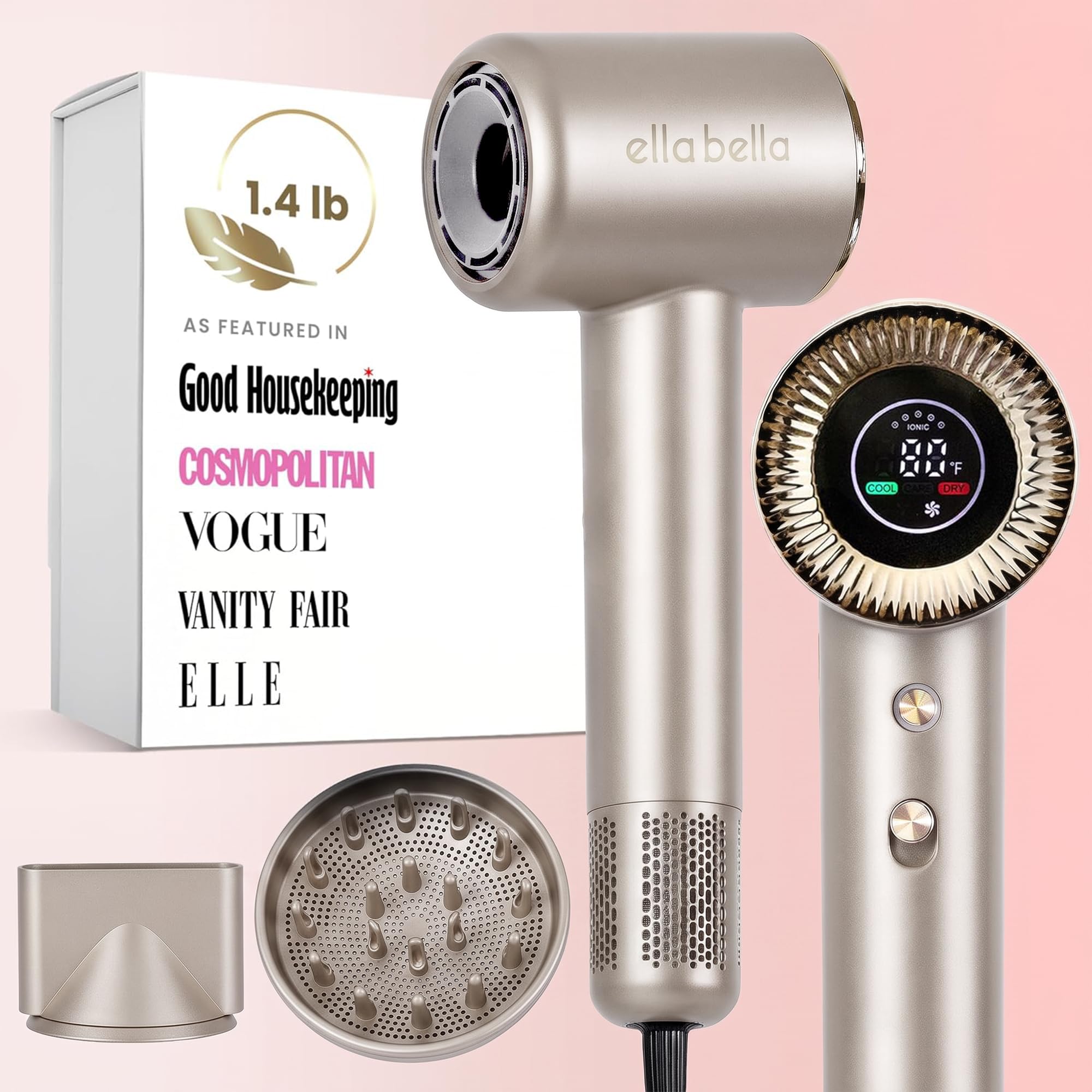 Photo 1 of ***used**ELLA BELLA® Compact Plasma Hair Dryer, Advanced Plasma Technology Blow Dryer with Digital Display, Rapid Drying, Low Noise, & Luxury Velvet Travel Bag - Includes Diffuser & Nozzle- for All Hair Types