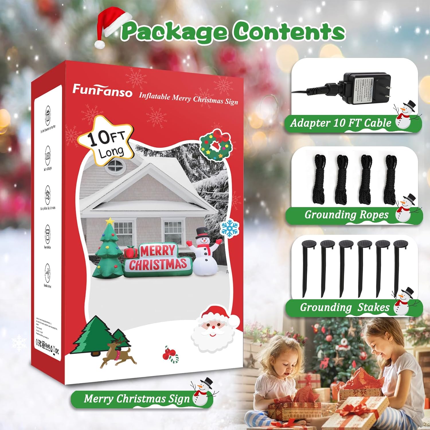 FunFanso 10 FT Long Christmas Inflatable Merry Christmas Sign Outdoor Decorations, Blow up Xmas Sign with Christmas Tree and Snowman, Built-in LED Lights for Yard Lawn Garden Holiday Party Home Porch