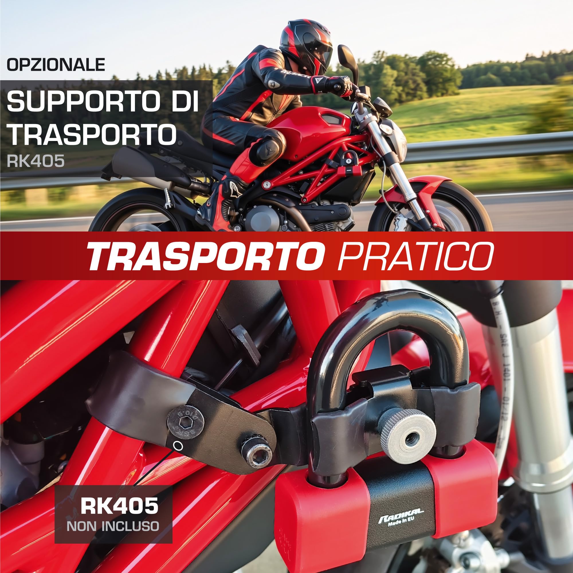 RADIKAL RK75 Antifurto Moto Sicurezza Premium, Blocca Disco per Moto Omologato SRA, Lucchetto Mini U 18mm Doppio Bloccaggio, Serratura Antiscasso, Bloccadisco Acciaio Cementato, Cavo Promemoria