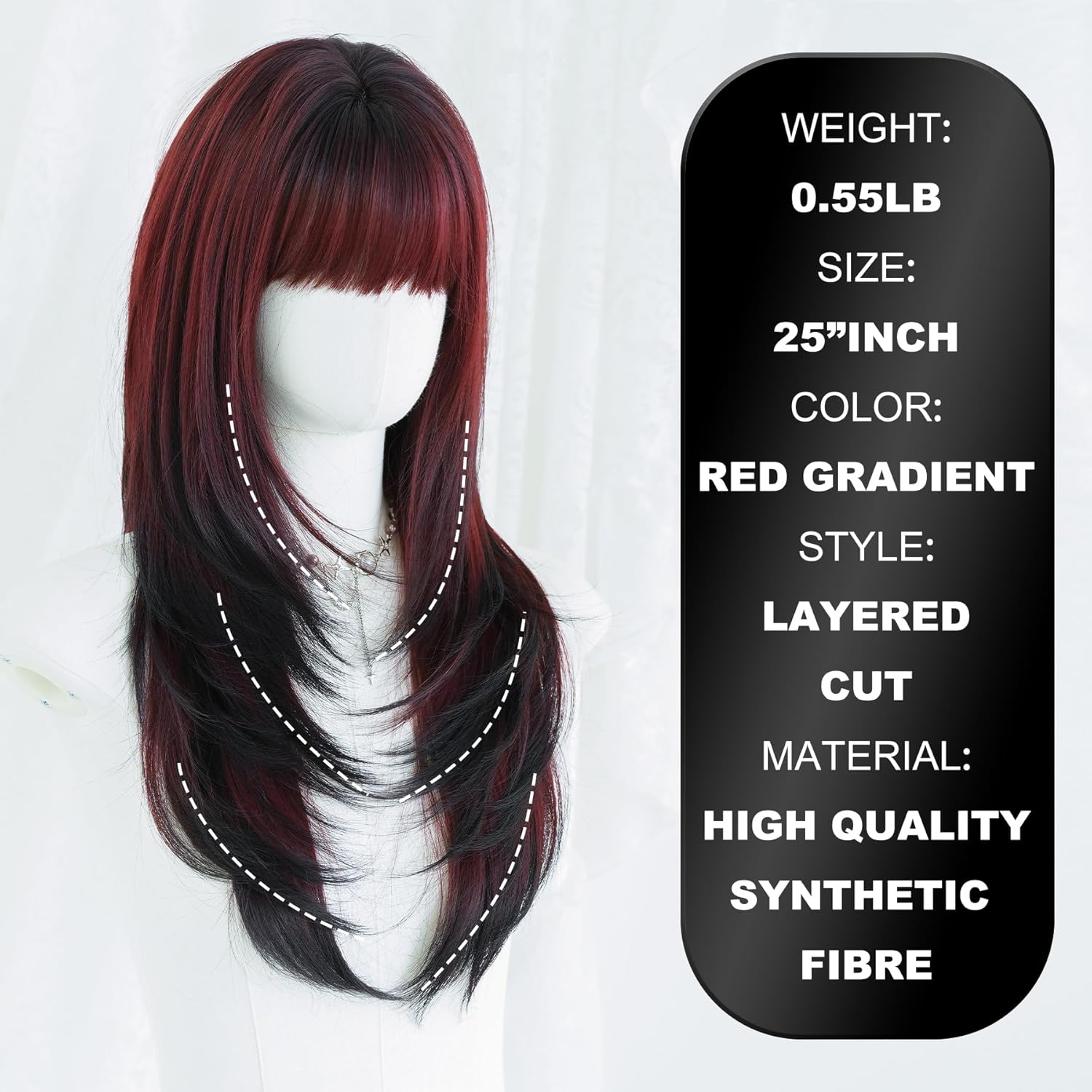 7JHH WIGS Long Straight Dark Red Synthetic Wig with Bangs 25inch Layered Hair Tail Dye Black Heart Resistant Synthetic Fiber Natural Looking Wigs for Women Party Cosplay and Daily Used