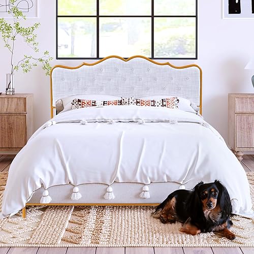 Base de cama de plataforma tapizada tamaño Queen con cabecera curvada y detalles de diamante copetudo, soporte de listones de madera, no necesita