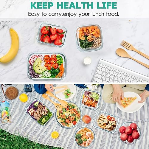 Miniatura 7 de 34 recipientes de vidrio para almacenamiento de alimentos con tapas, recipientes herméticos de vidrio para preparación de comidas (17 recipientes y