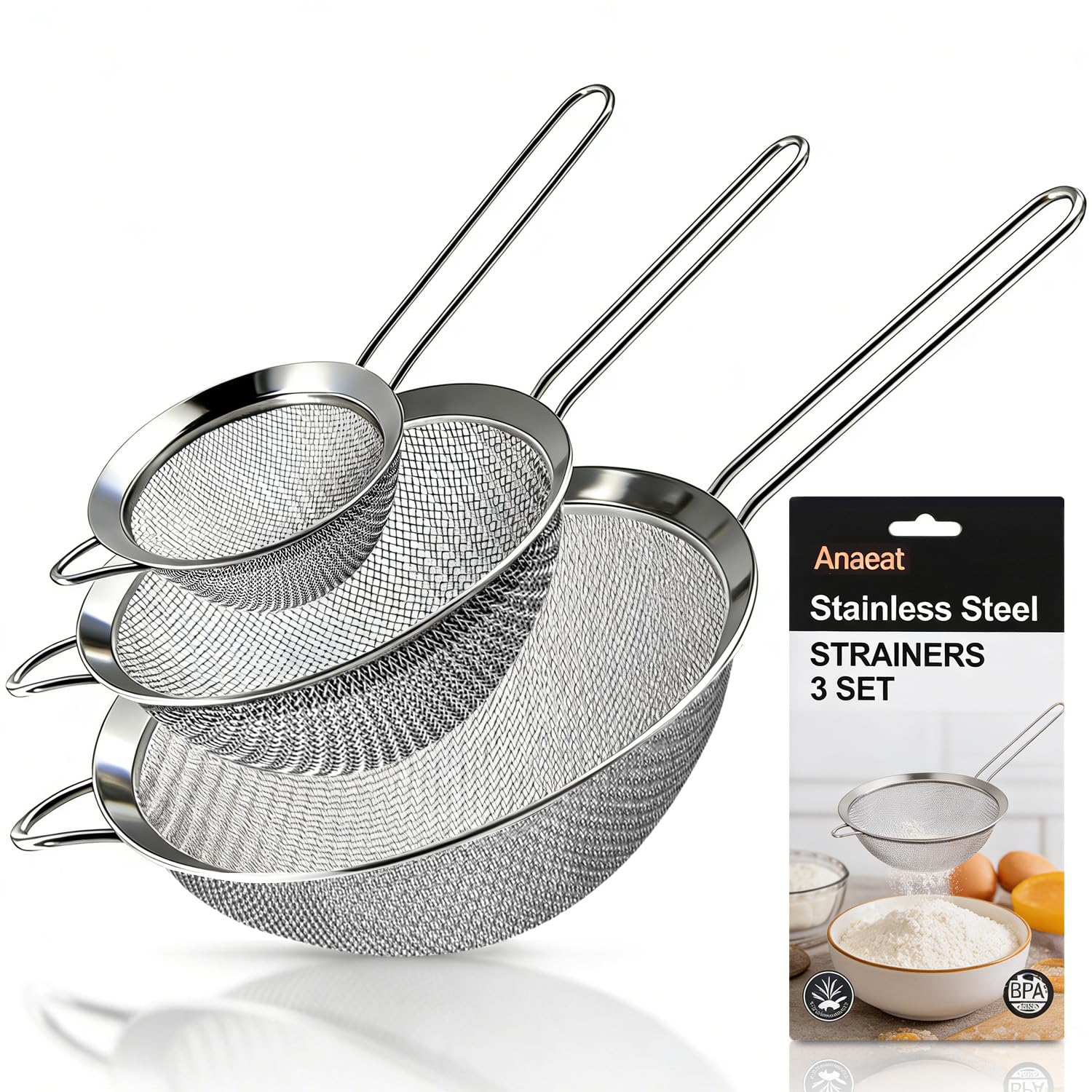 Anaeat Colino a maglia fine in acciaio inox di alta qualità, con rete resistente e manico robusto, eccellente per setacciare ingredienti secchi, farina, pasta, riso, tè (7,1 cm + 12 cm + 18 cm)