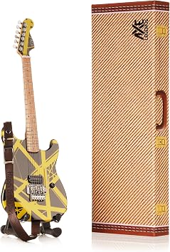 EVH Bumblebee Miniature Guitar | Handmade Wooden Mini Replica by Axe Legends | Includes Personalised Mini Leather Guitar Strap and A-Frame Display Stand | 25 cms Tall | Shipped in Gift Box