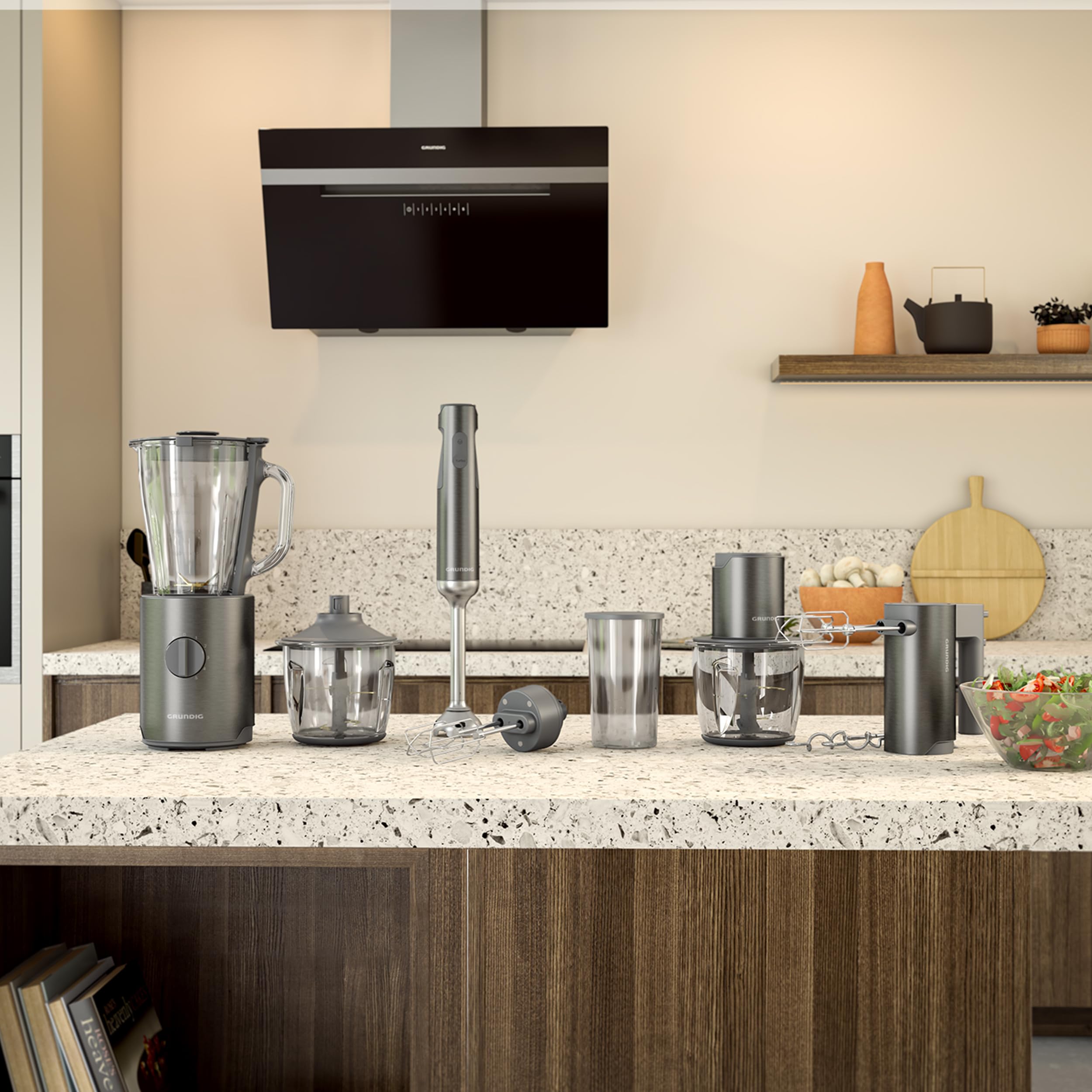 Grundig Delisia Novus CH 7140 Picadora multipicadora profesional de 500 vatios, 4 cuchillas de acero inoxidable con revestimiento de circonio, soporte de vidrio de 1 l, 2 modos, base antideslizante