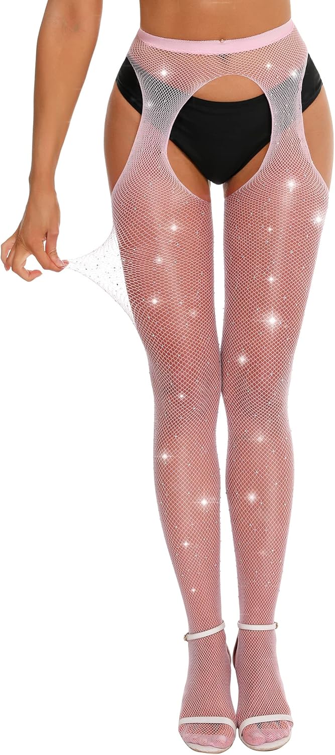 RSLOVE Fishnet Stockings Rhinestone High Waist Tights Pantyhose Women's Sexy Sparkle Stockings - Image 2