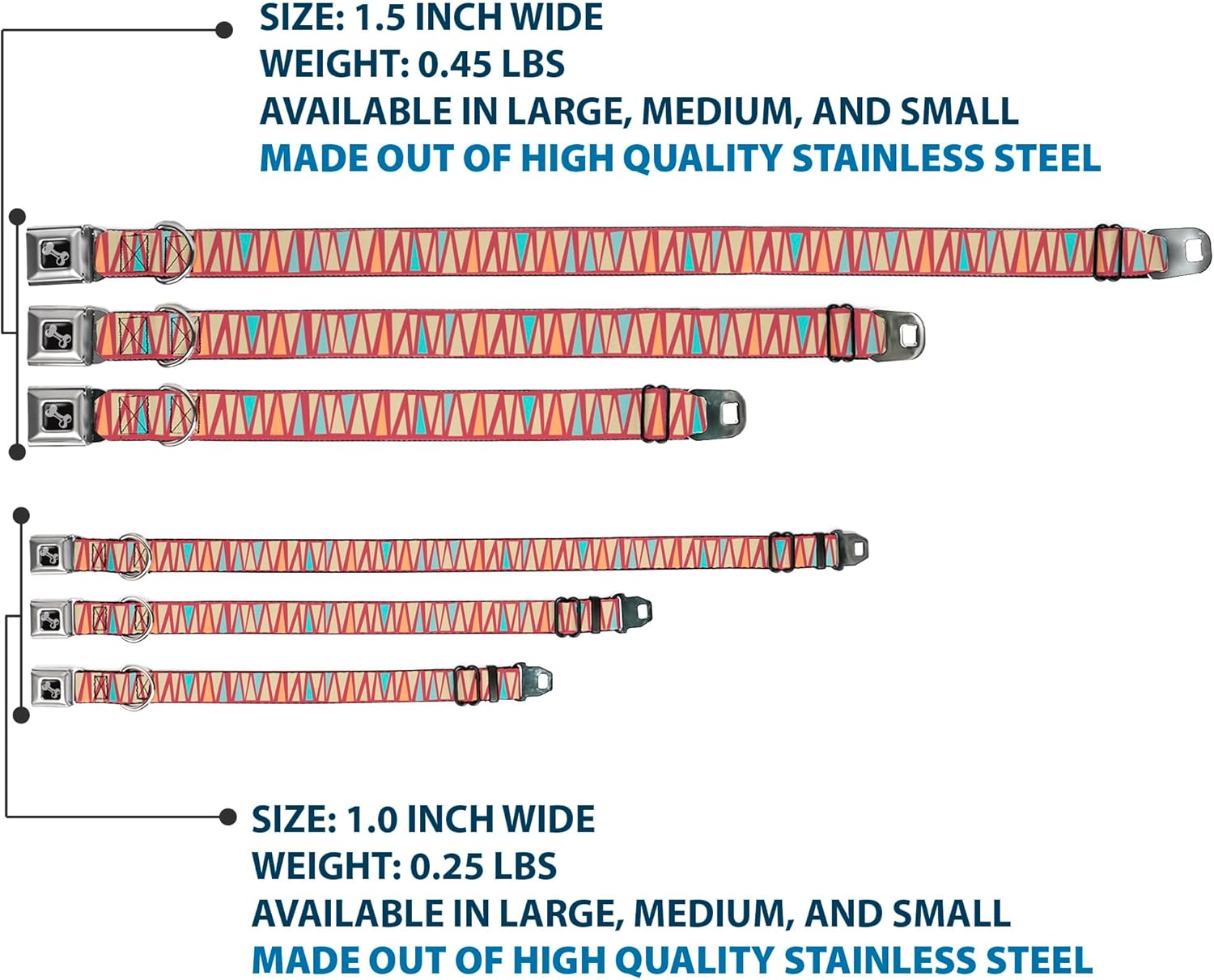 Dog Collar Seatbelt Buckle Zig Zag Doodle Red Tan Blues Orange 13 to 18 Inches 1.5 Inch Wide