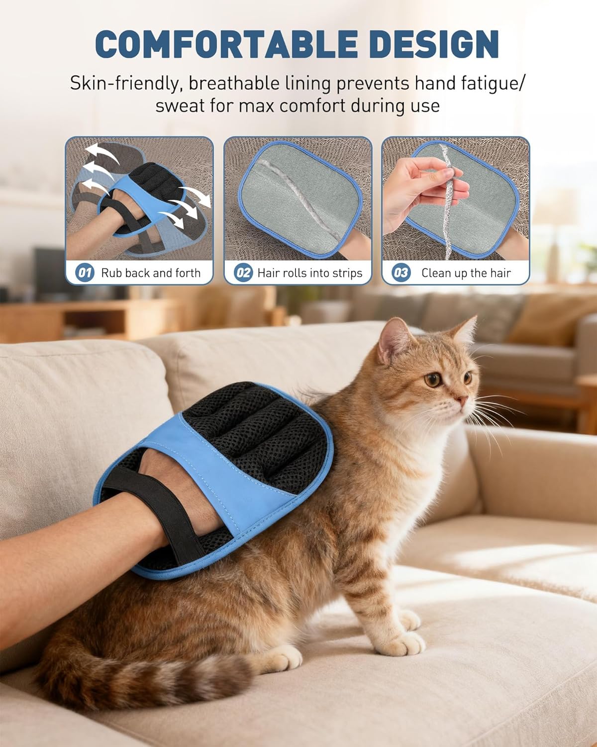 2 Pack Pet Hair Removal Glove - Electrostatic Magic Brush Gloves Pet Hair for Dogs and Cats, The Magic Brush Pure Path Yomi Pet Grooming Needs, Fur Remover for Furniture, Clothes, Car Seats (Blue)