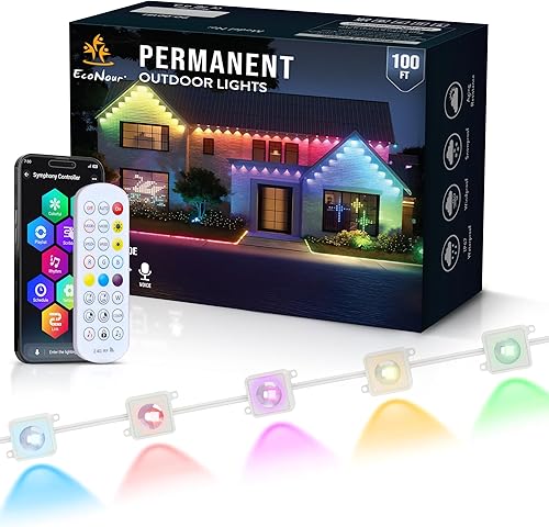 EcoNour Luces permanentes RGB inteligentes para exteriores de 100 pies  Sincronización de música, luces LED impermeables con conector de extensión y