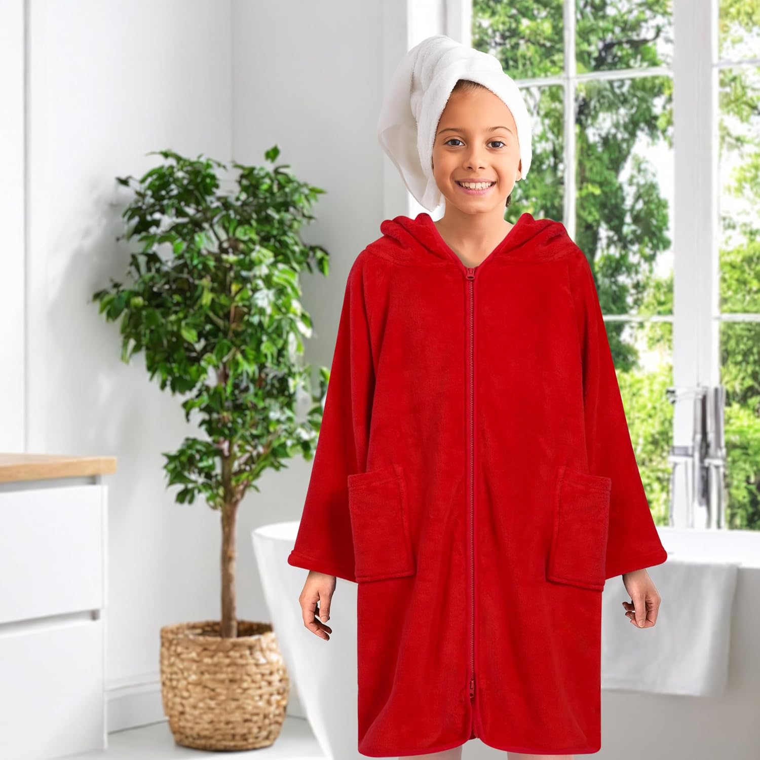 SUN CUBE Hooded Towel Robe for Kids, Zip Up Swim Parka Beach Cover Up for Girls Boys, Surf Poncho Changing Bath Towel 7-10