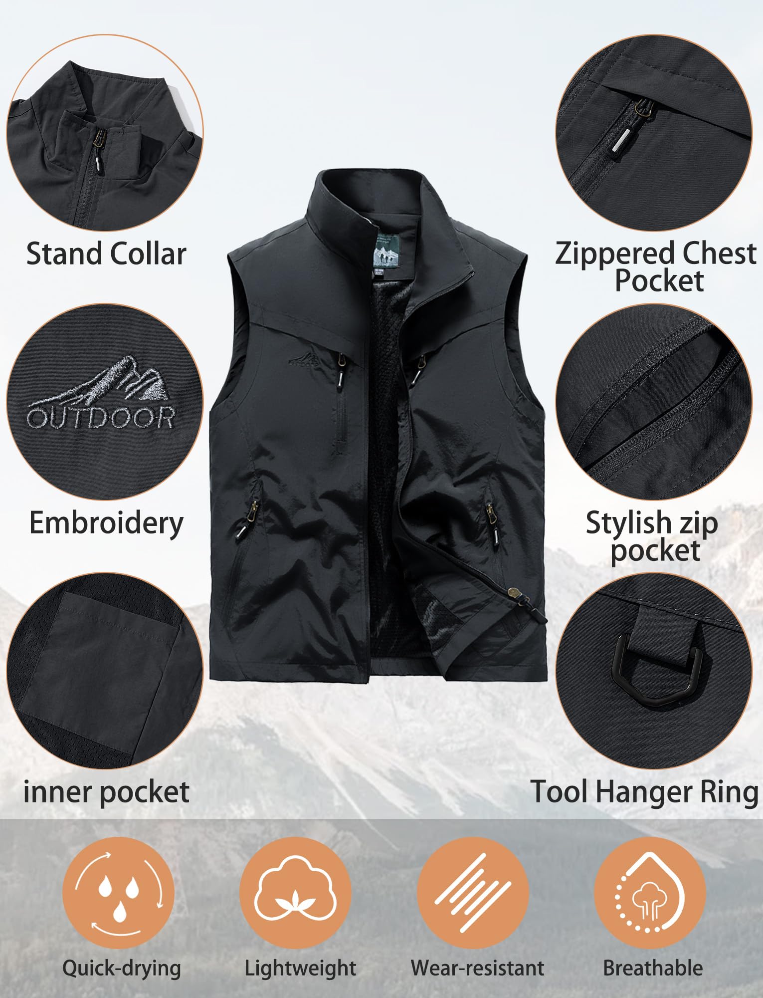 AIEOE Gilet cargo fonctionnel pour homme - Multipoches - Gilet de randonnée pour la chasse, le camping - EU S-3XL