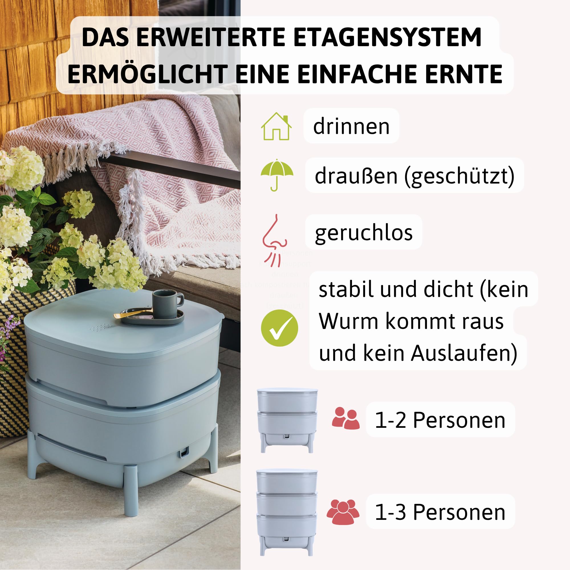 Wurmbox Komposter grau 3 Etagen | Wurmkomposter Starterset inkl. 500 Kompostwürmer