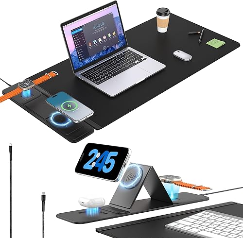 25W Wireless Fast Charging Mouse Pad with Foldable Phone Holder, 2nd Gen 3-in-1 Wireless Charging Desk Mat (Leather Mat-25W Fast Charging Stand & Coasters)