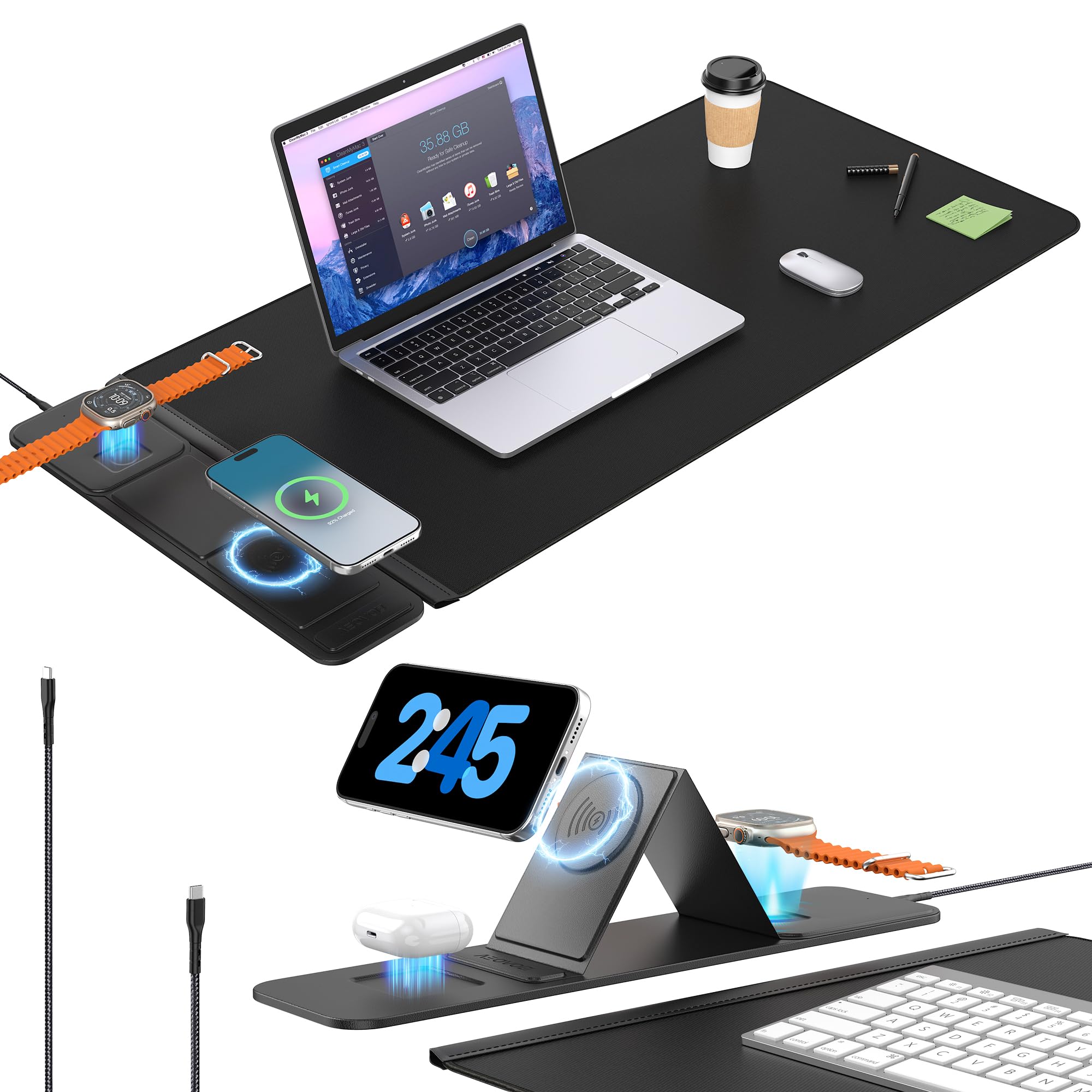 Tappetino per mouse wireless a ricarica rapida da 25 W, con supporto pieghevole per telefono, tappetino da scrivania 3 in 1 di seconda generazione, 89,9 x 40 cm, impermeabile, per ufficio, giochi e