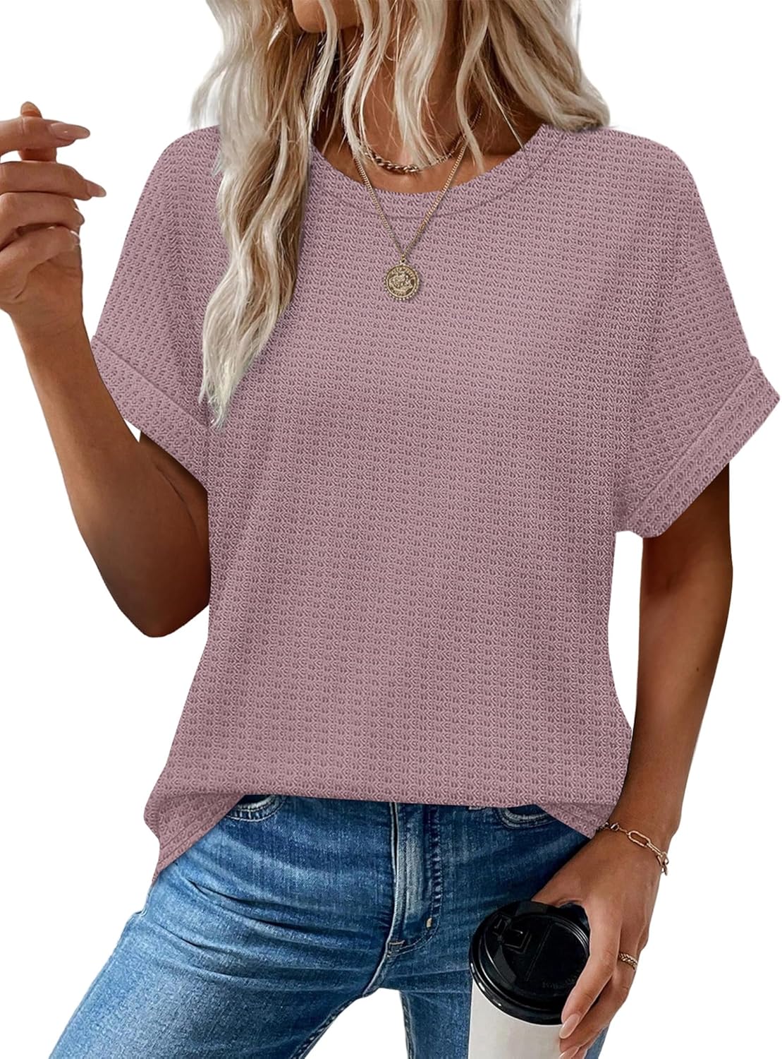 Sampeel Summer Tops for Women 2026 Trendy Rolled Short Sleeve Shirts Waffle Knit Crew Neck Tops Curved Hem Fashion Clothing - Image 2