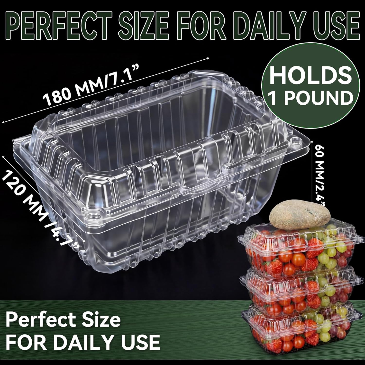 Qinyoung 100 Pack 1 Pound Clear Plastic Berry Containers with Lids Vented Clam Shell Produce Baskets for Fridge 7.1 x 4.7 x 2.4 Inch Fruit Storage Boxes for Strawberry, Grocery, Home Use