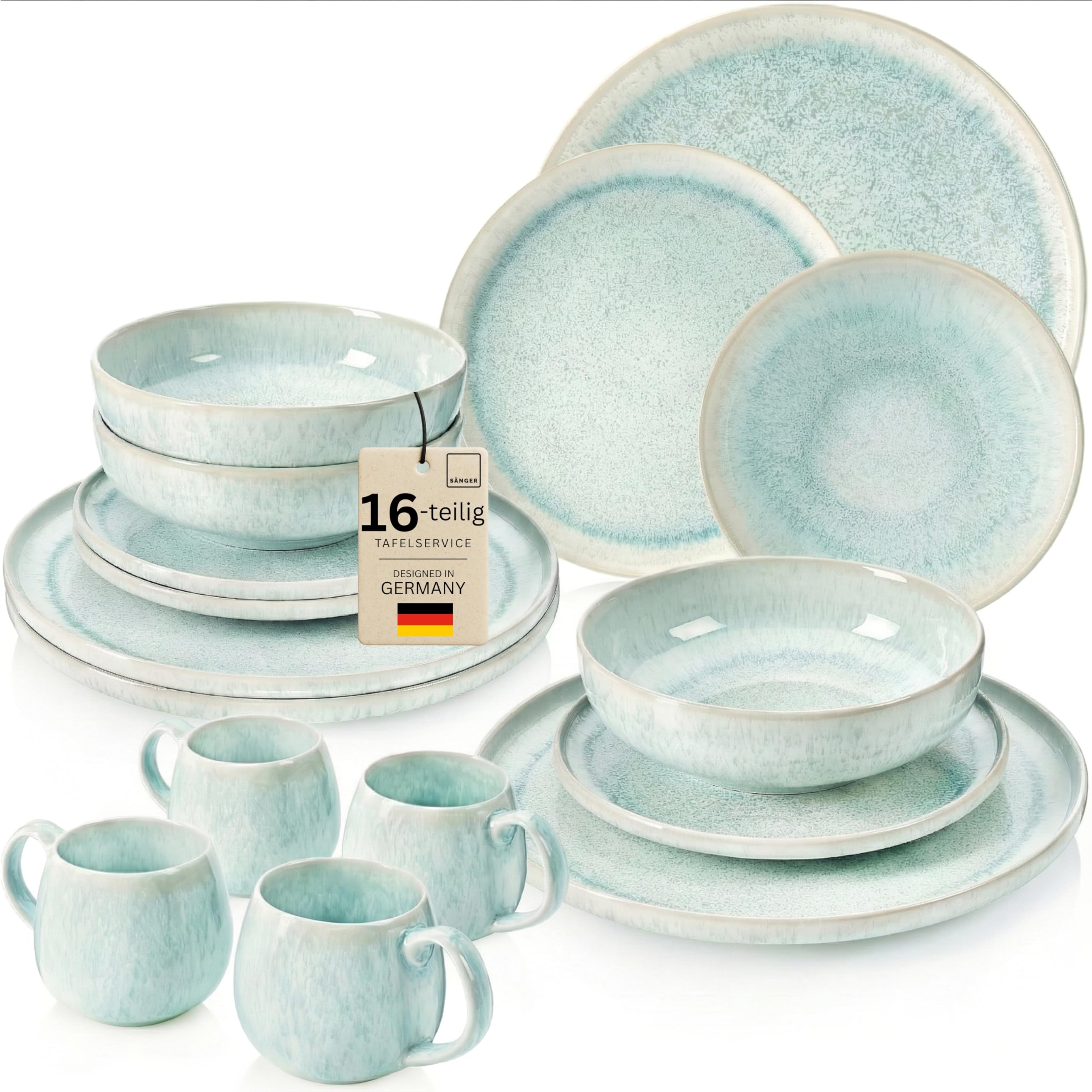 SÄNGER | Geschirrset Paros 16 tlg, Tafelservice 4 Personen, Steingut Geschirr Handmade, Set inkl. Essteller Dessertteller Tiefe Teller Kaffeebecher, Essgeschirr Türkis Farben mit Sandiger Maserung
