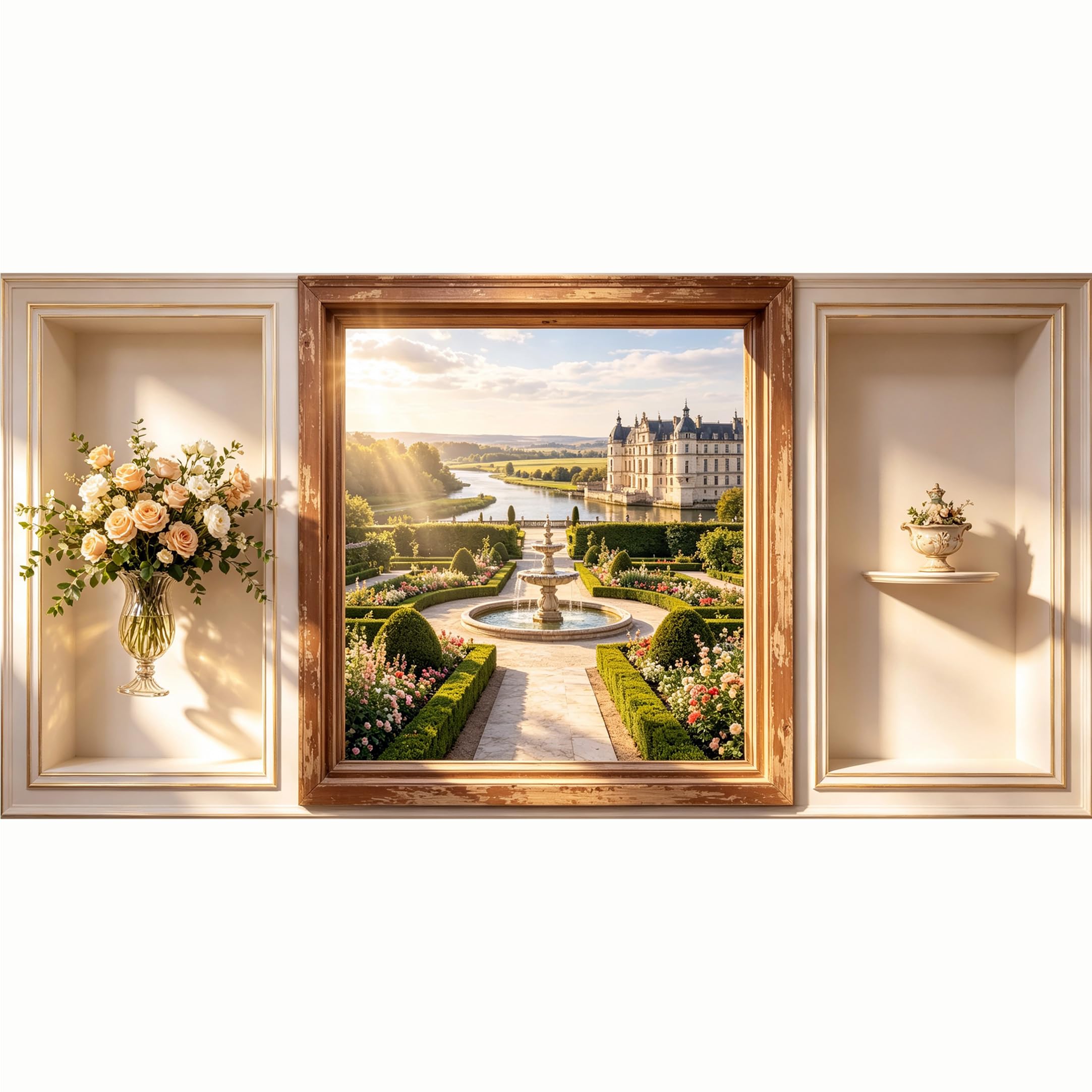 QZLITHOTIC 50x100cm 3D Framed Wall Art， European Castle Garden Fountain Landscape Self‑Adhesive Mural， Water‑Activated Peel & Stick Fabric Decor Wall Decal for Bedroom Living Room