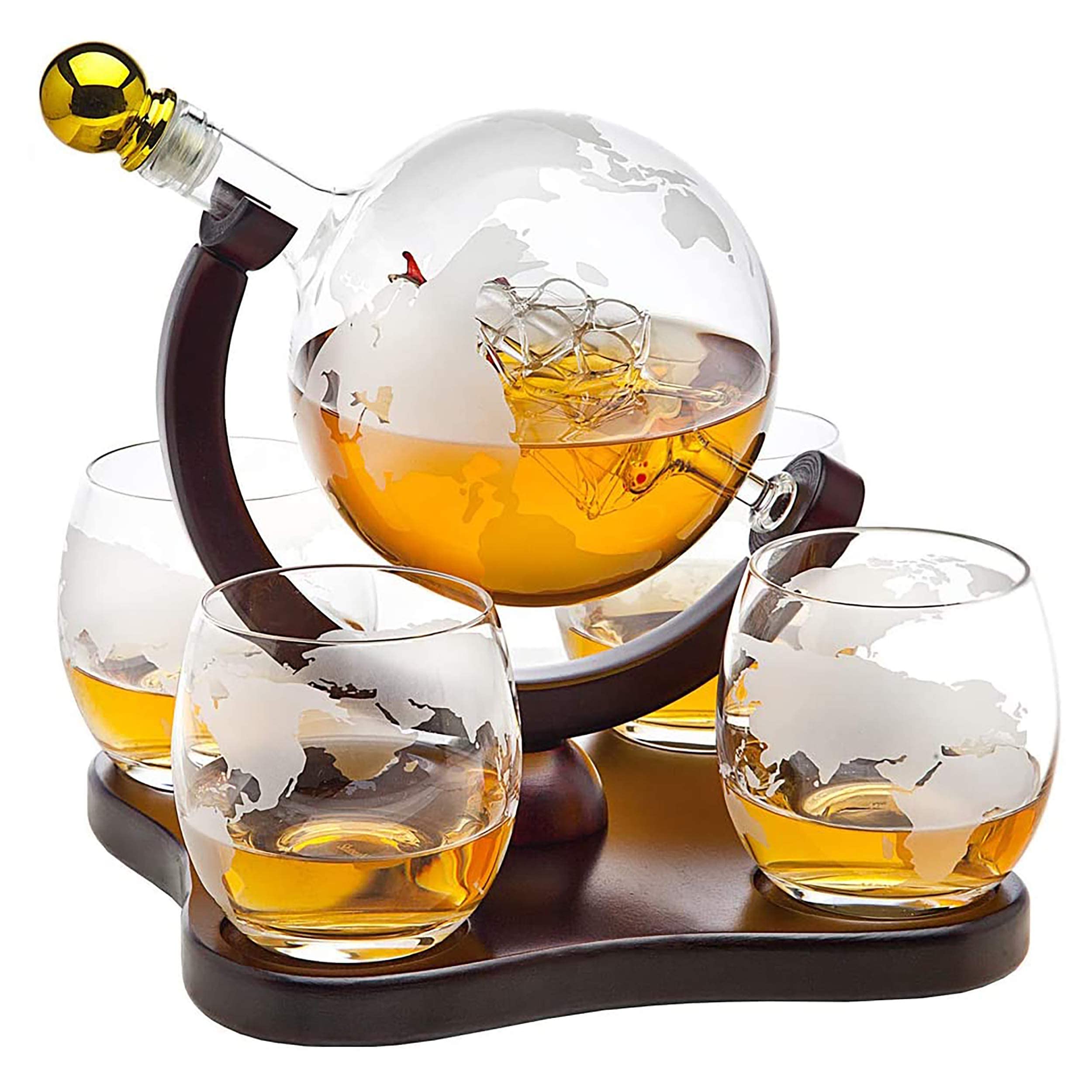 Buy Chef's Star Globe Whiskey Decanter Set with 4 Etched Glasses for